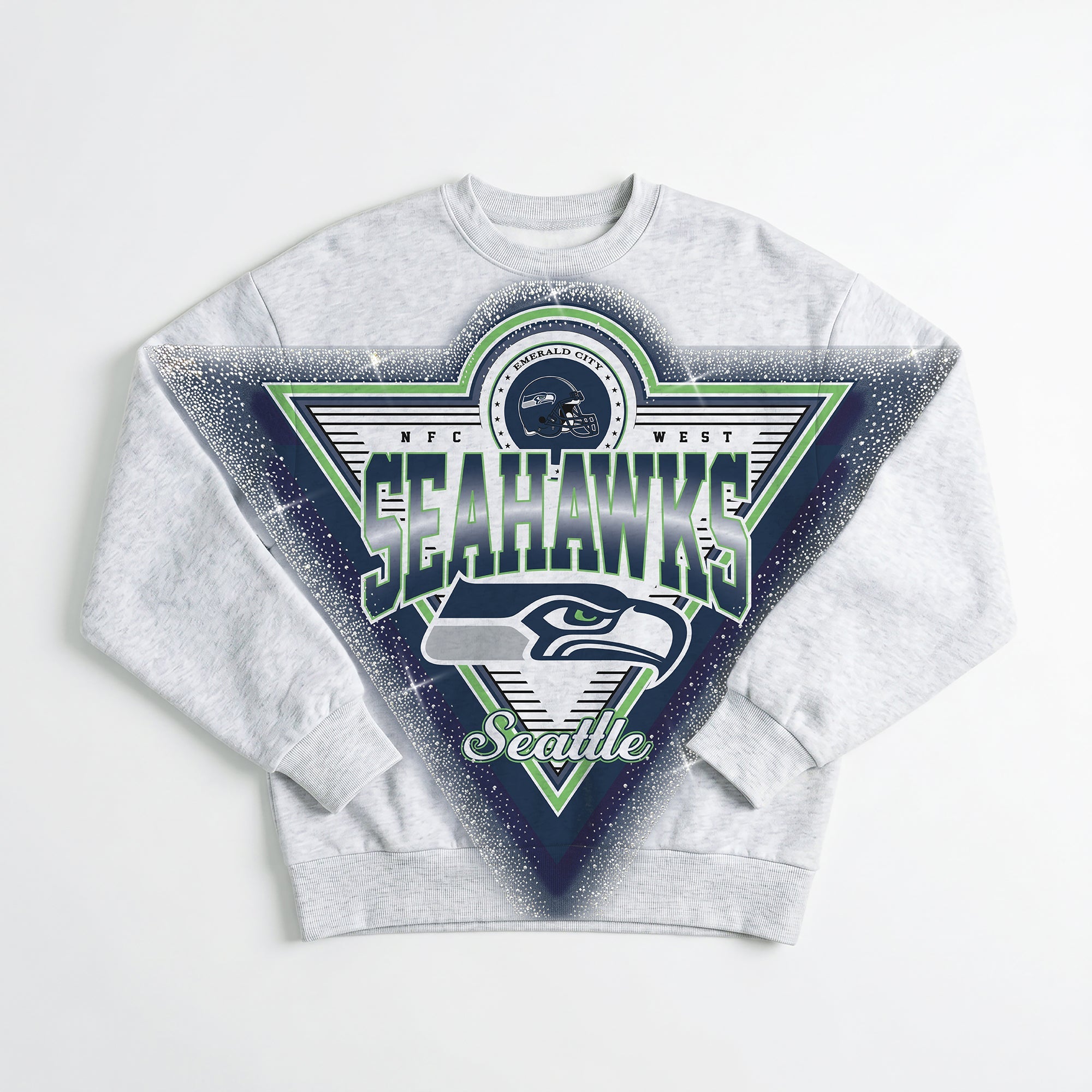 SEATTLE SEAHAWKS CHASING VICTORY RHINESTONE SPRAY PREMIUM CREWNECK SWEATSHIRT