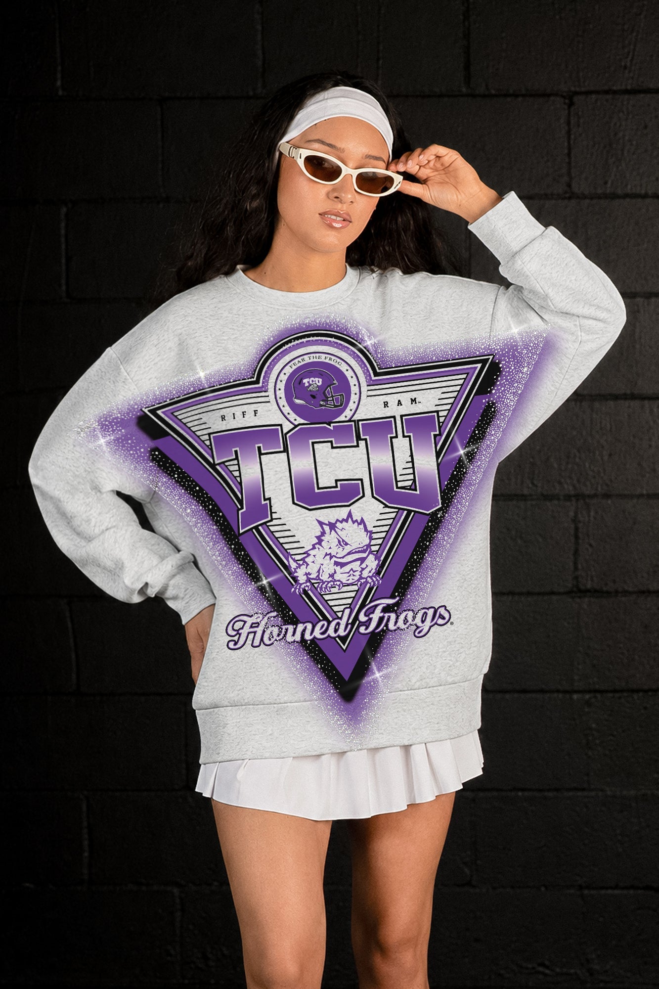 TCU HORNED FROGS CHASING VICTORY RHINESTONE SPRAY PREMIUM CREWNECK SWEATSHIRT