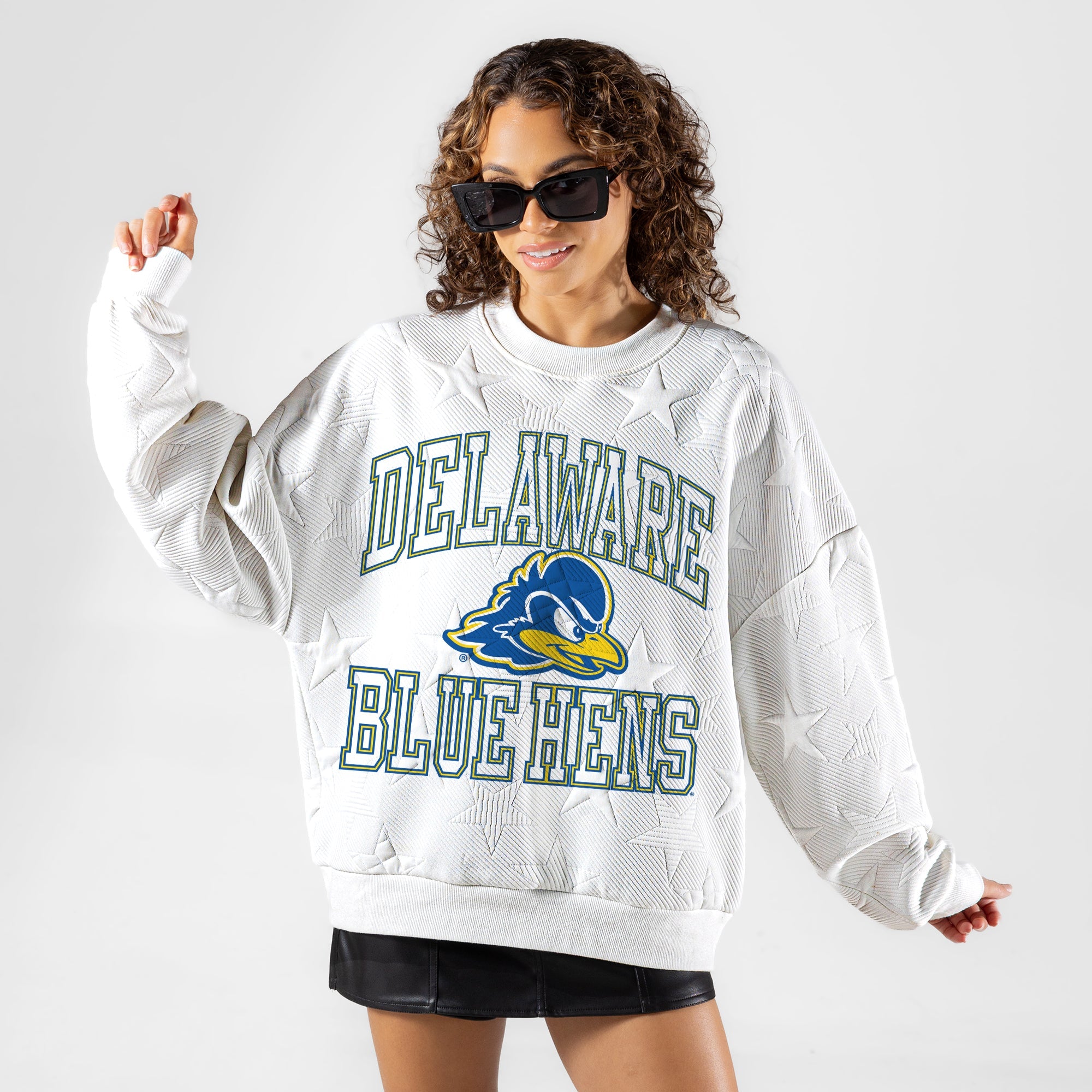 DELAWARE BLUE HENS BIG PLAY ENERGY EMBOSSED STAR CREWNECK