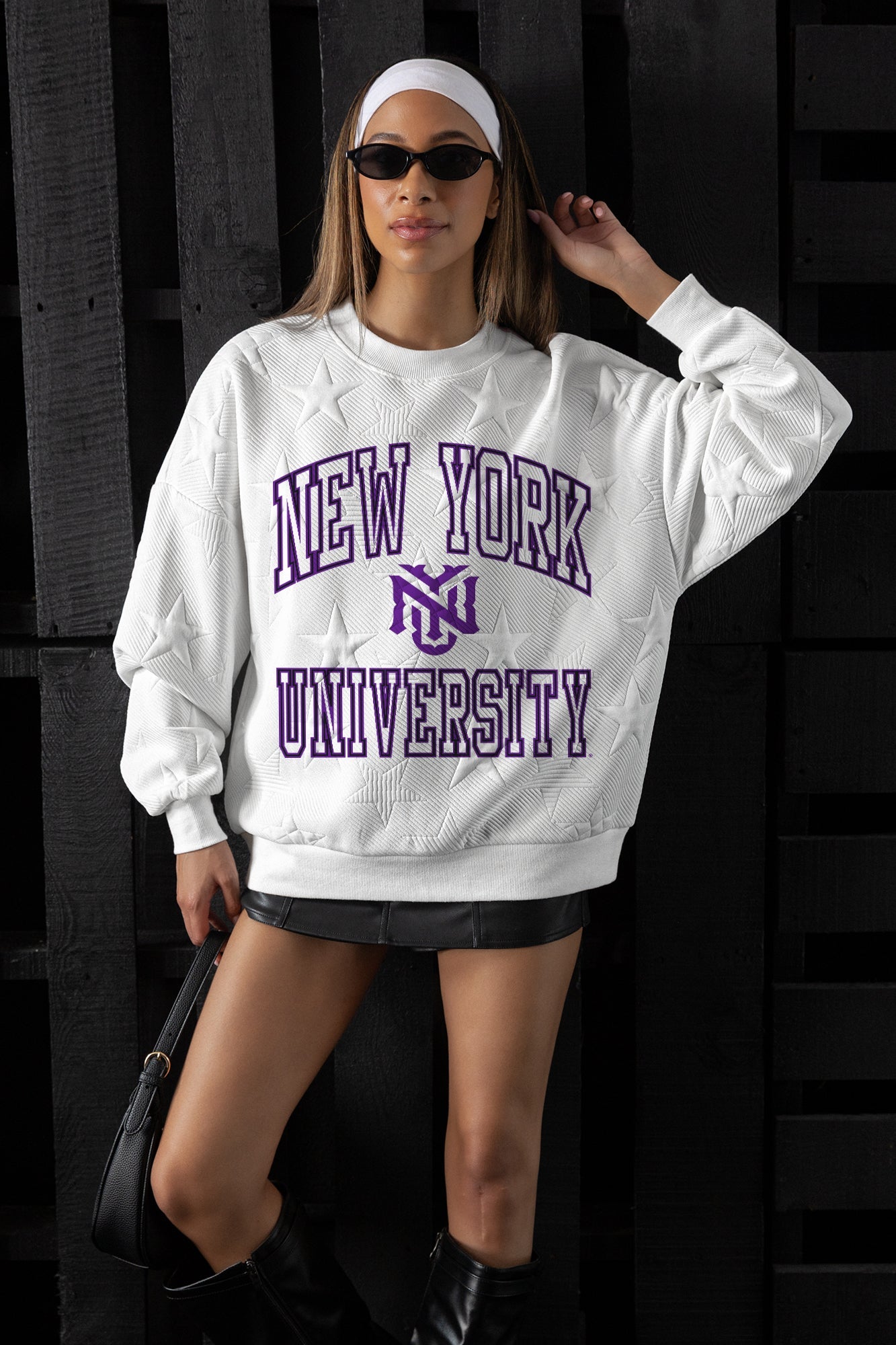 NEW YORK UNIVERSITY VIOLETS BIG PLAY ENERGY EMBOSSED STAR CREWNECK