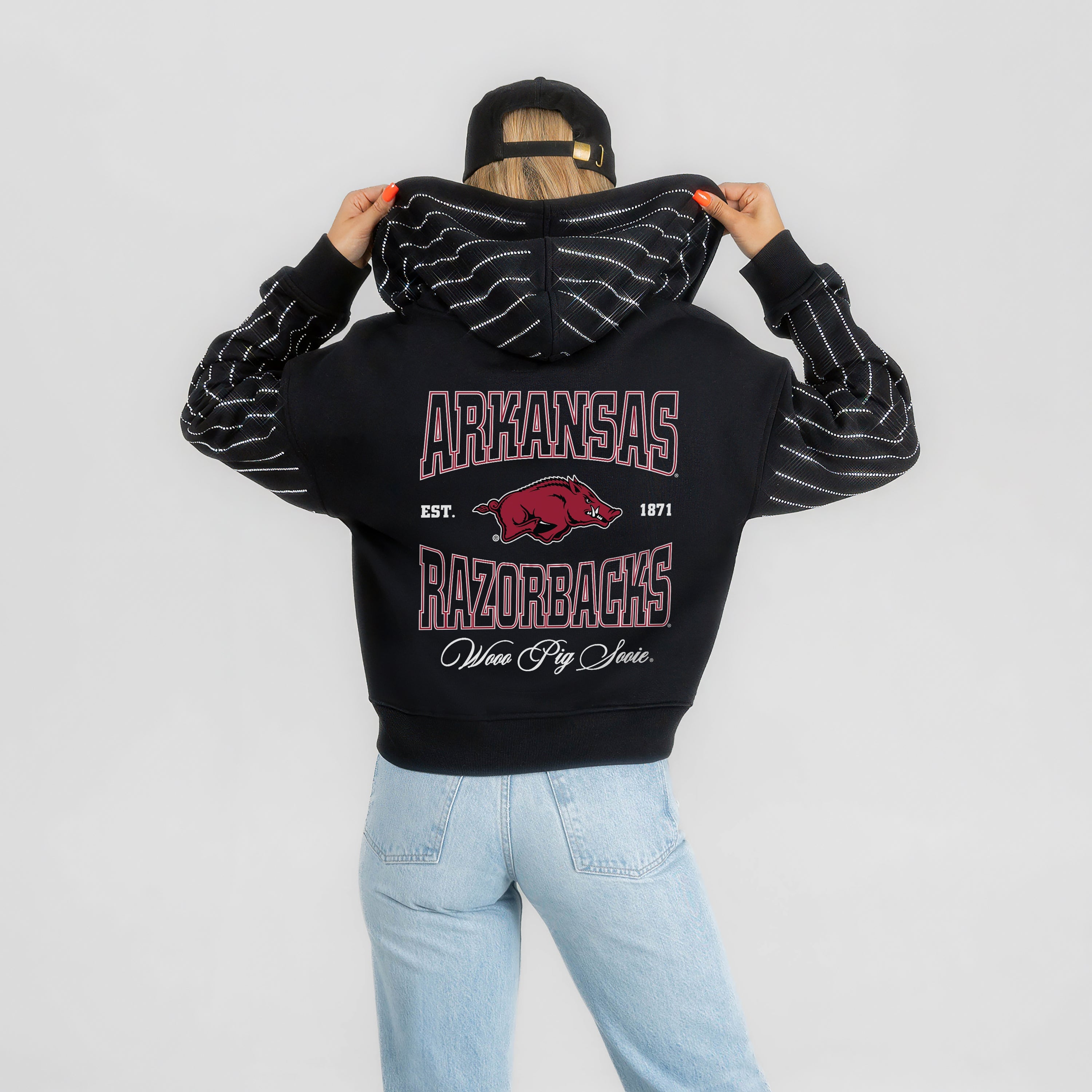 ARKANSAS RAZORBACKS EYES ON THE PRIZE RHINESTUD STRIPE ZIP HOODIE