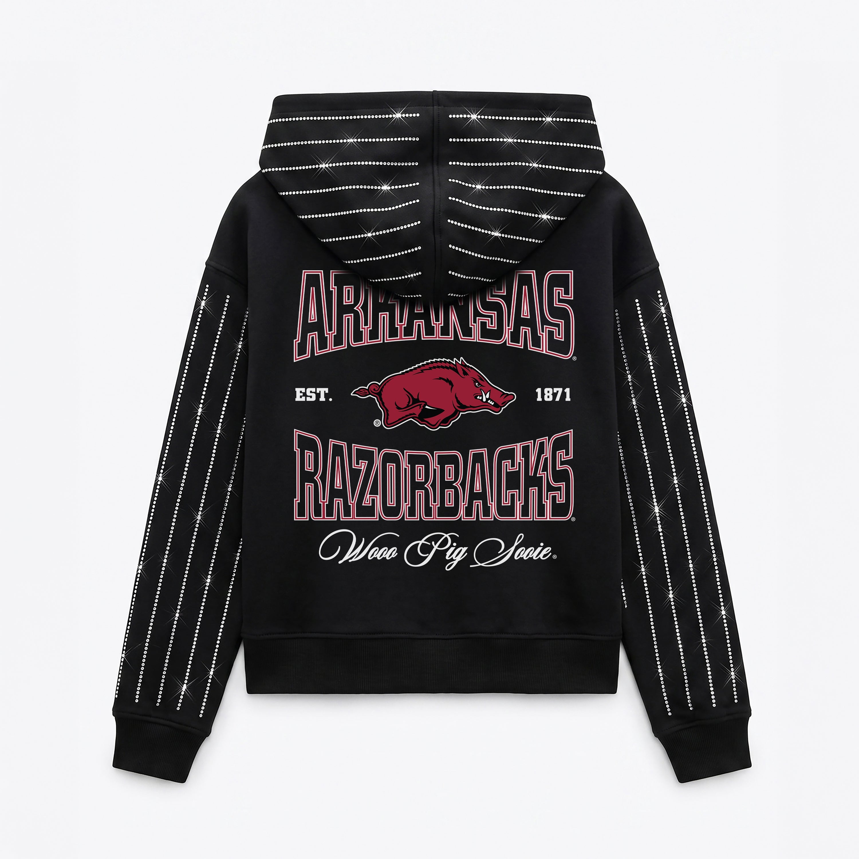 ARKANSAS RAZORBACKS EYES ON THE PRIZE RHINESTUD STRIPE ZIP HOODIE