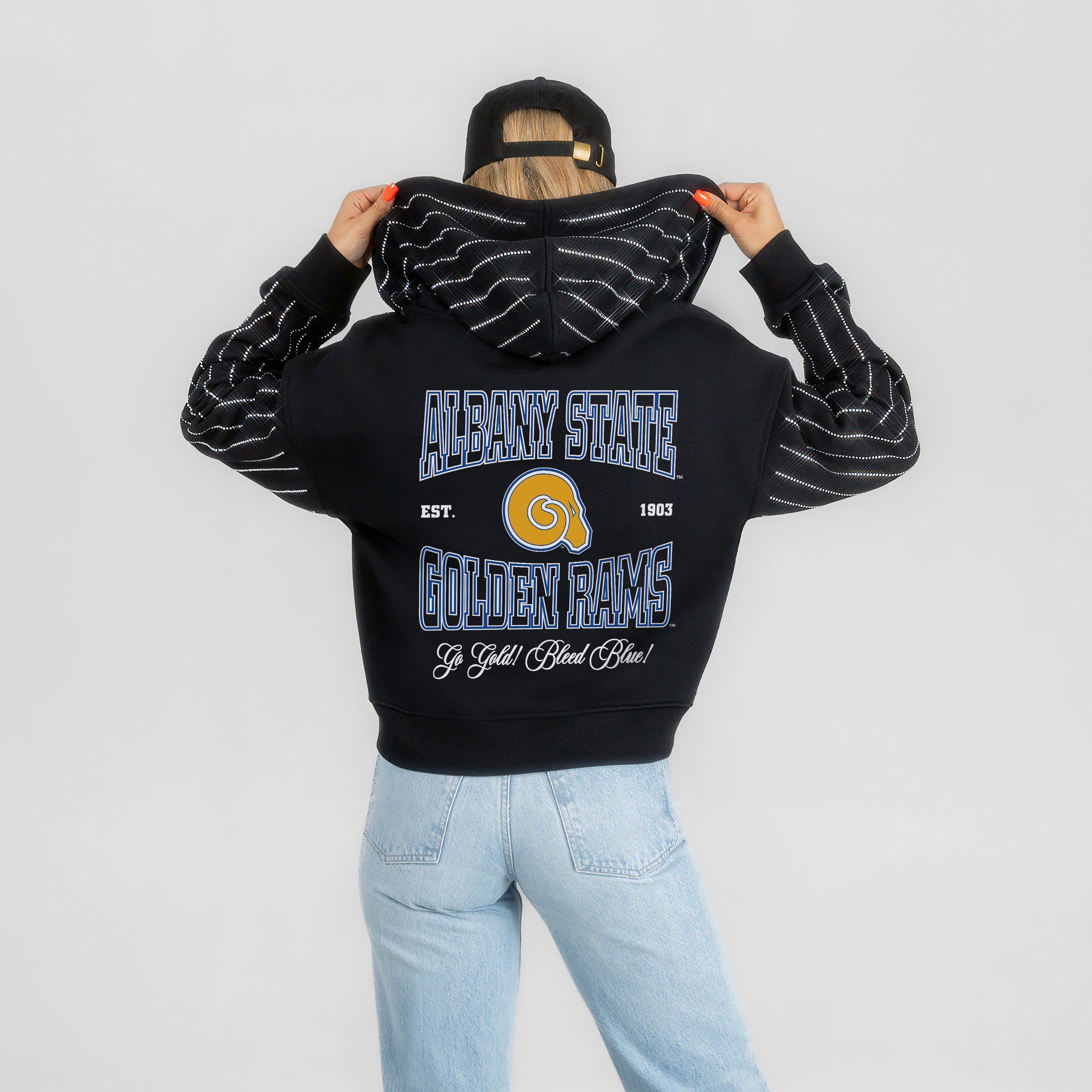 ALBANY STATE GOLDEN RAMS EYES ON THE PRIZE RHINESTUD STRIPE ZIP HOODIE