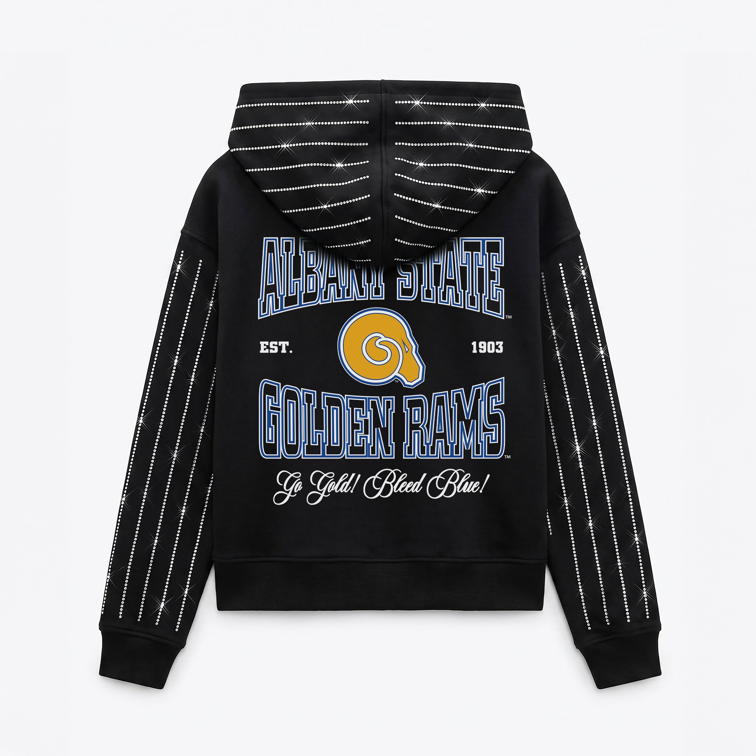 ALBANY STATE GOLDEN RAMS EYES ON THE PRIZE RHINESTUD STRIPE ZIP HOODIE
