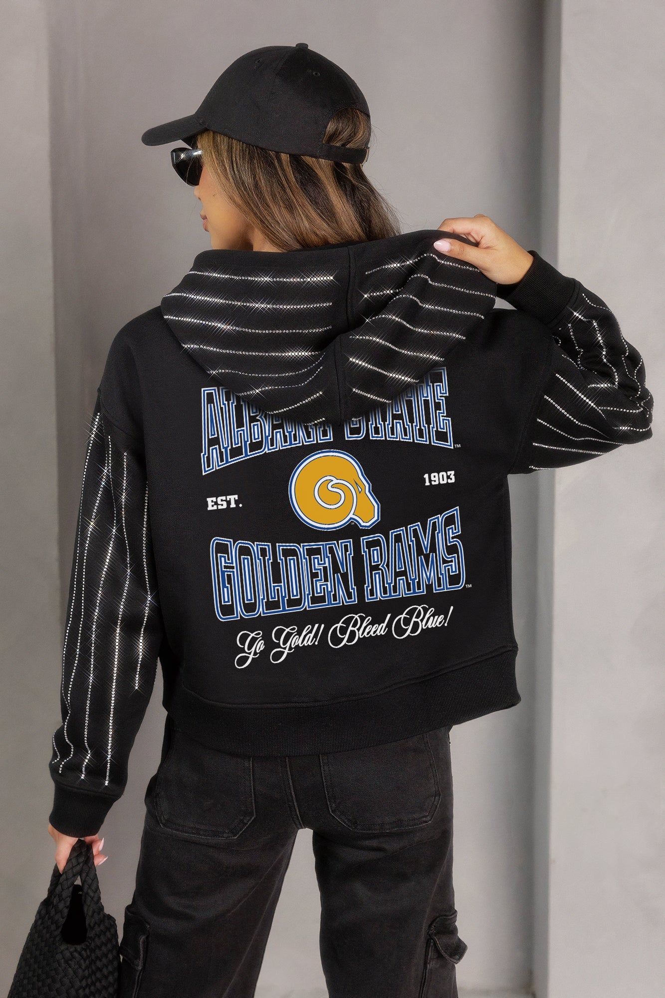 ALBANY STATE GOLDEN RAMS EYES ON THE PRIZE RHINESTUD STRIPE ZIP HOODIE