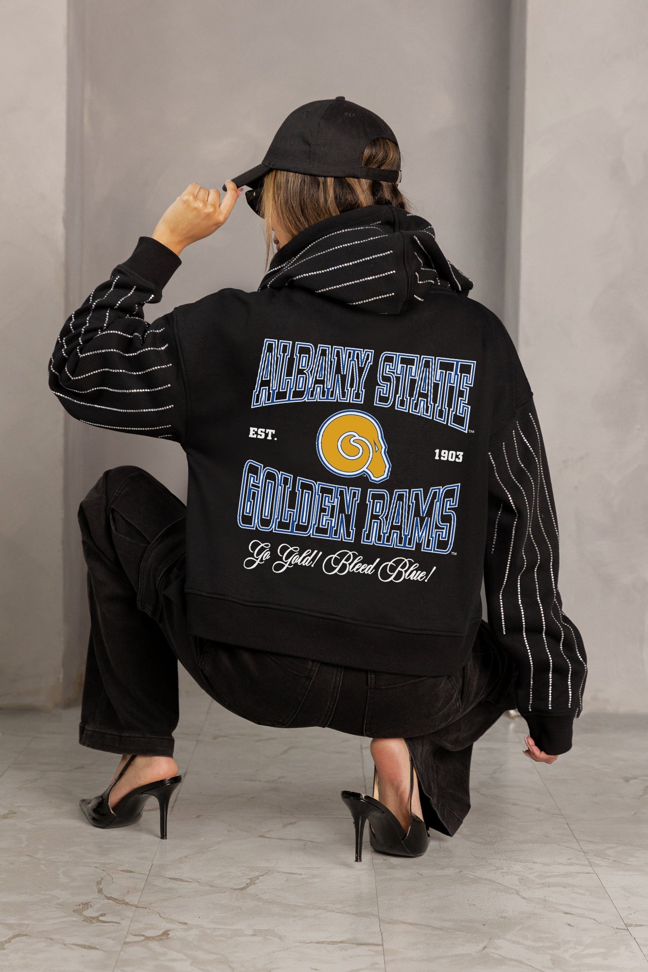 ALBANY STATE GOLDEN RAMS EYES ON THE PRIZE RHINESTUD STRIPE ZIP HOODIE