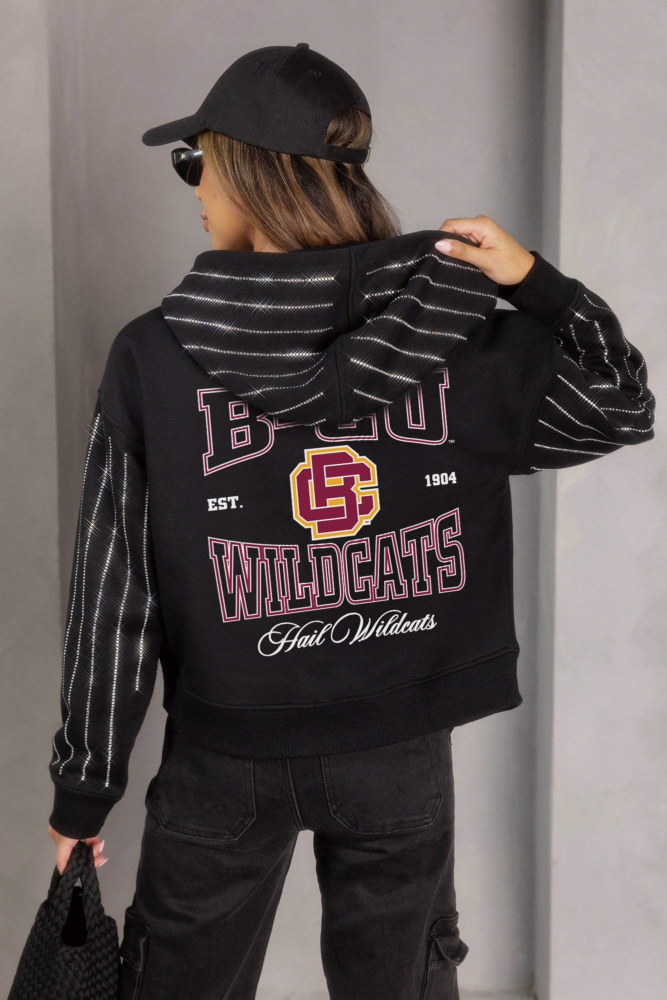 BETHUNE-COOKMAN WILDCATS EYES ON THE PRIZE RHINESTUD STRIPE ZIP HOODIE
