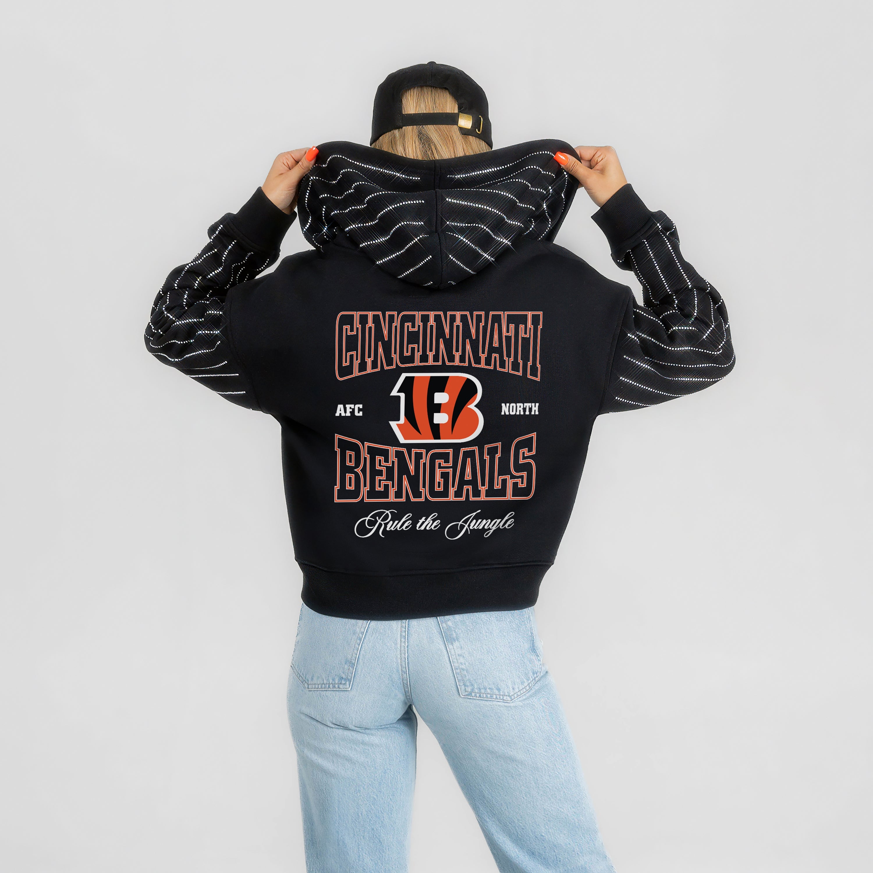 CINCINNATI BENGALS EYES ON THE PRIZE RHINESTUD STRIPE ZIP HOODIE