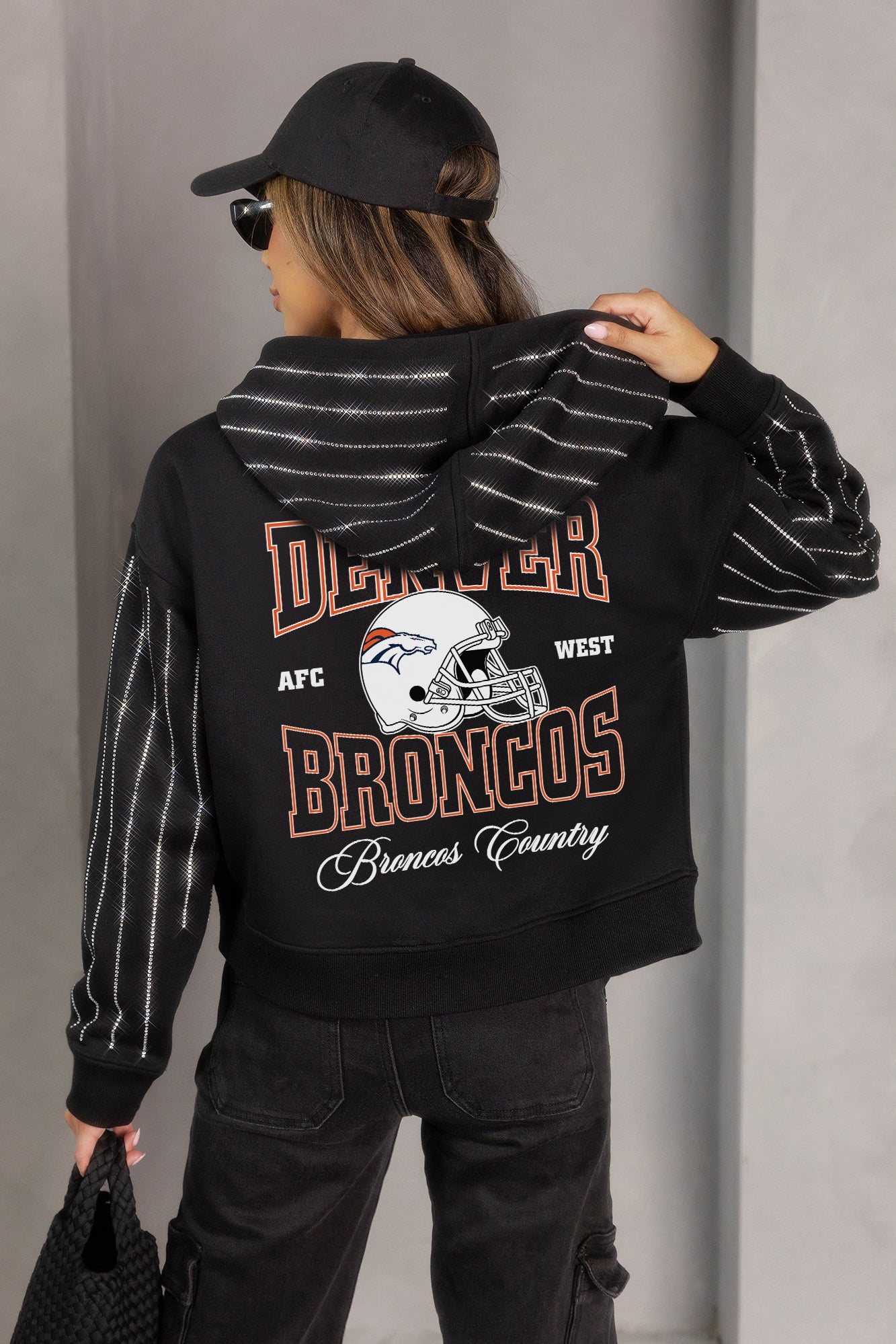DENVER BRONCOS EYES ON THE PRIZE RHINESTUD STRIPE ZIP HOODIE