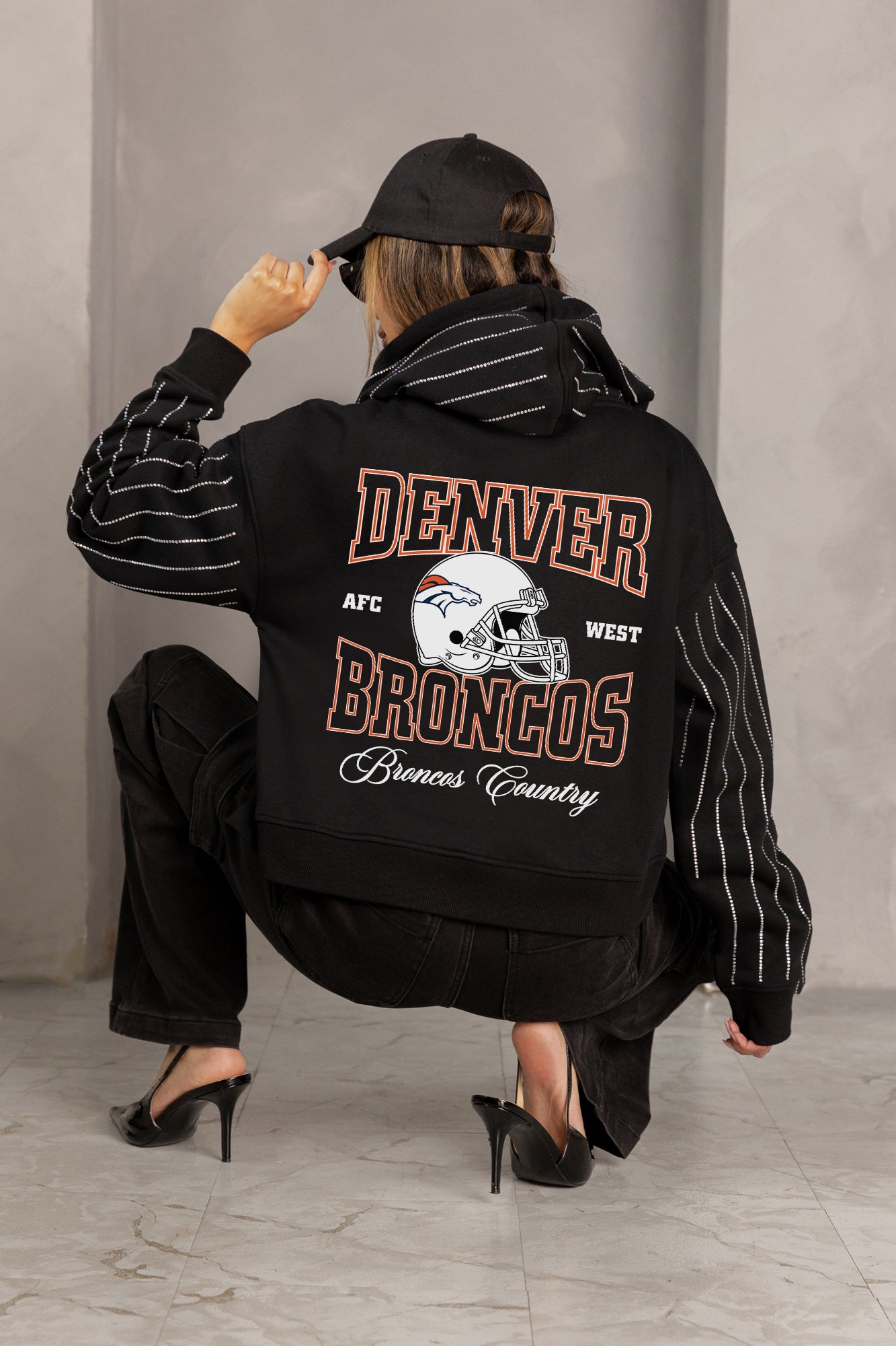 DENVER BRONCOS EYES ON THE PRIZE RHINESTUD STRIPE ZIP HOODIE