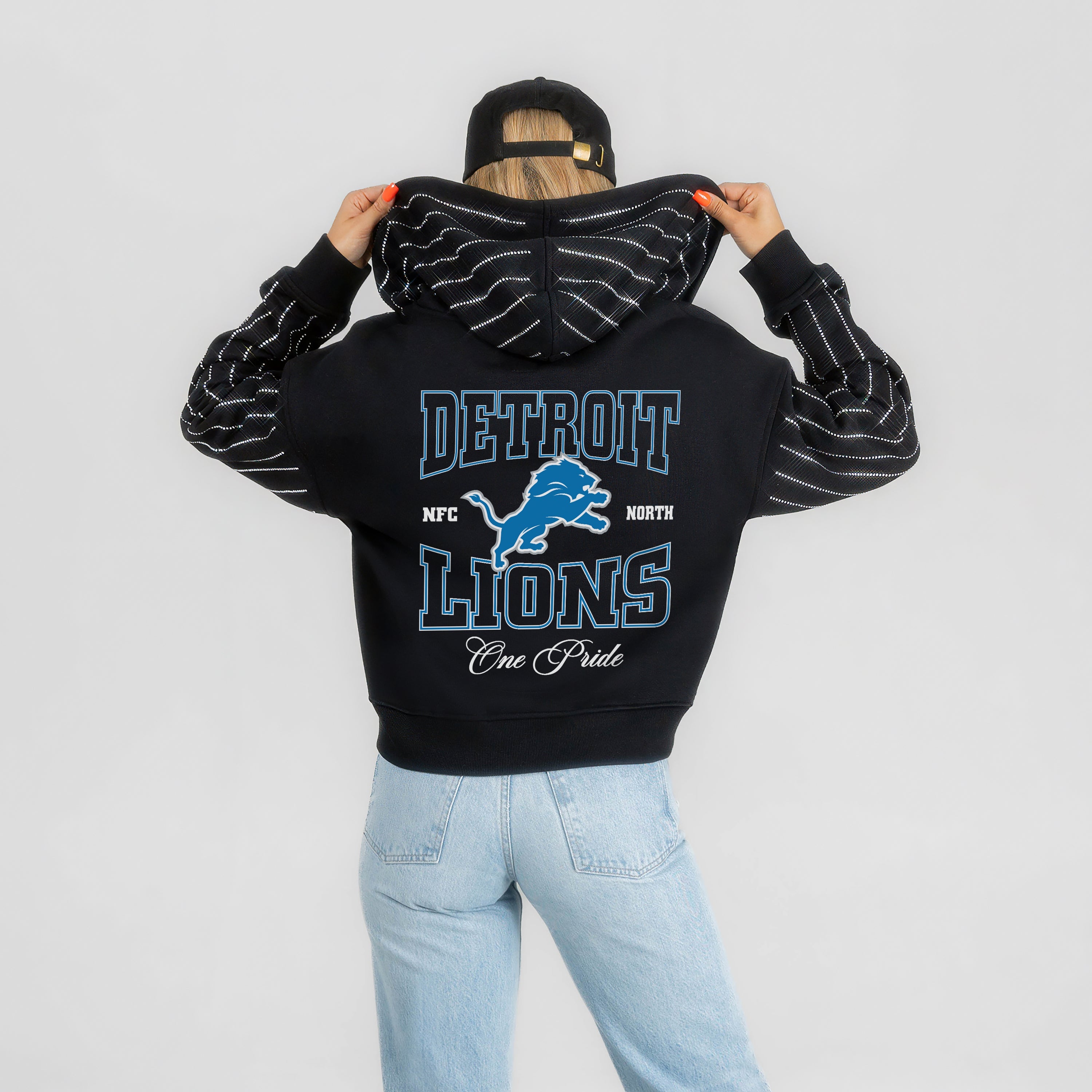 DETROIT LIONS EYES ON THE PRIZE RHINESTUD STRIPE ZIP HOODIE