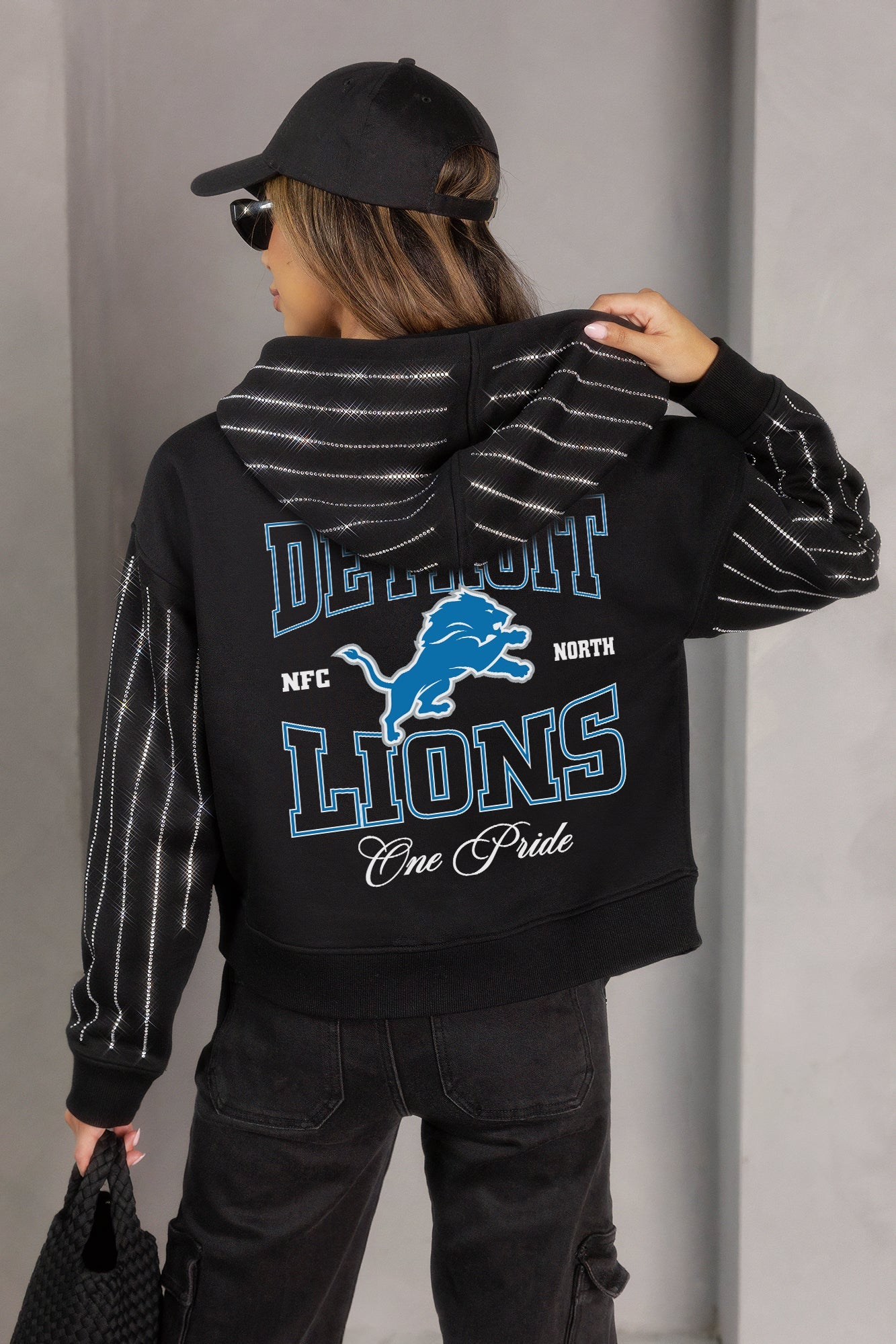DETROIT LIONS EYES ON THE PRIZE RHINESTUD STRIPE ZIP HOODIE