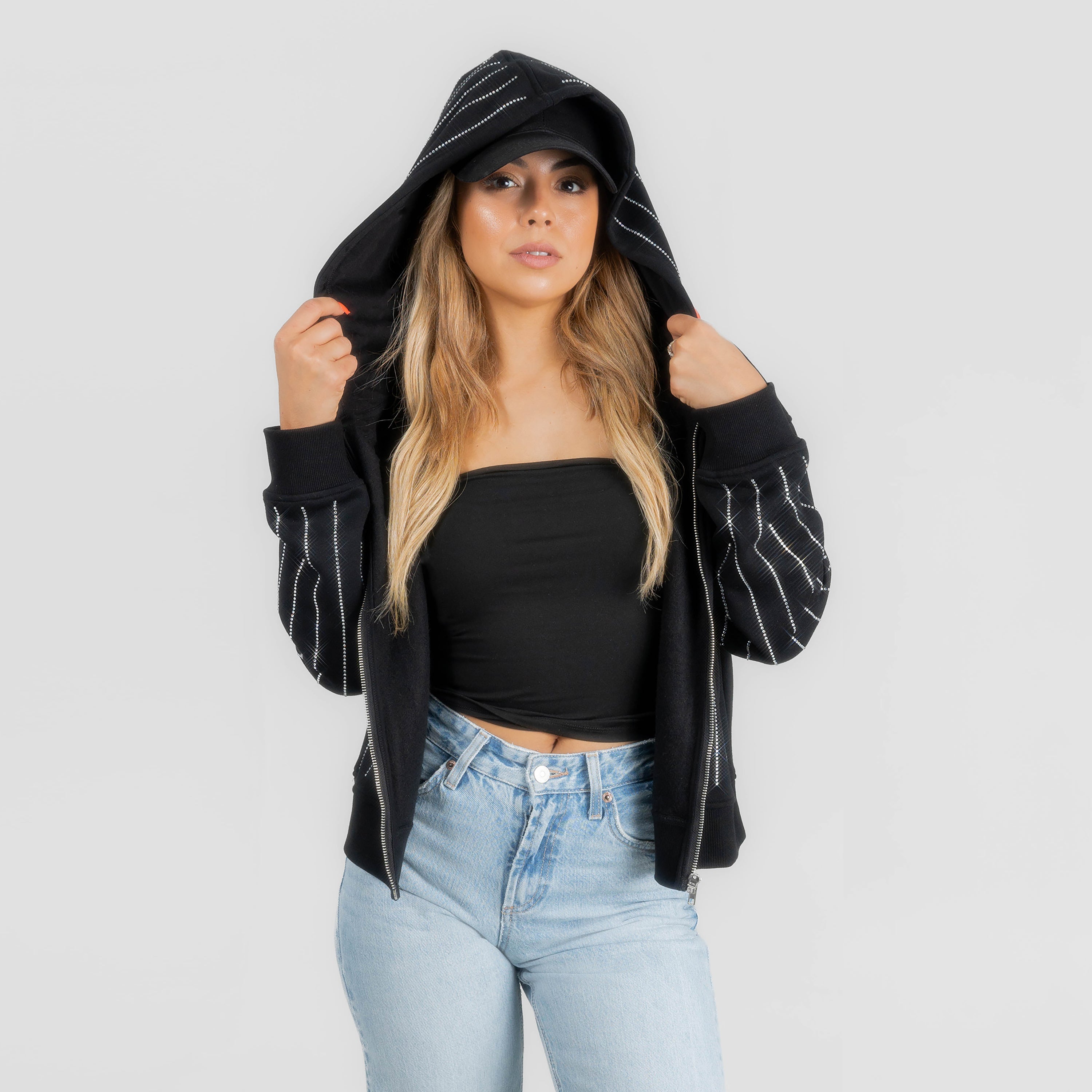 GREEN BAY PACKERS EYES ON THE PRIZE RHINESTUD STRIPE ZIP HOODIE