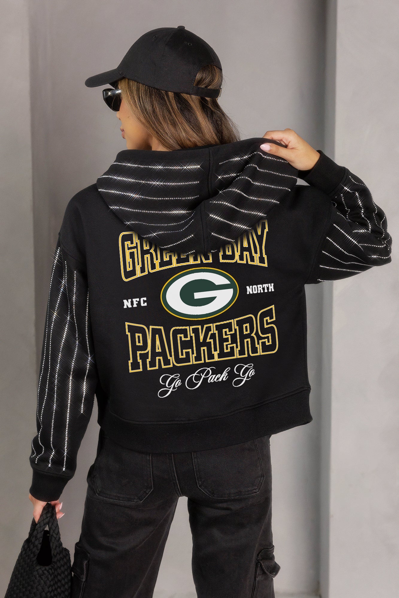 GREEN BAY PACKERS EYES ON THE PRIZE RHINESTUD STRIPE ZIP HOODIE