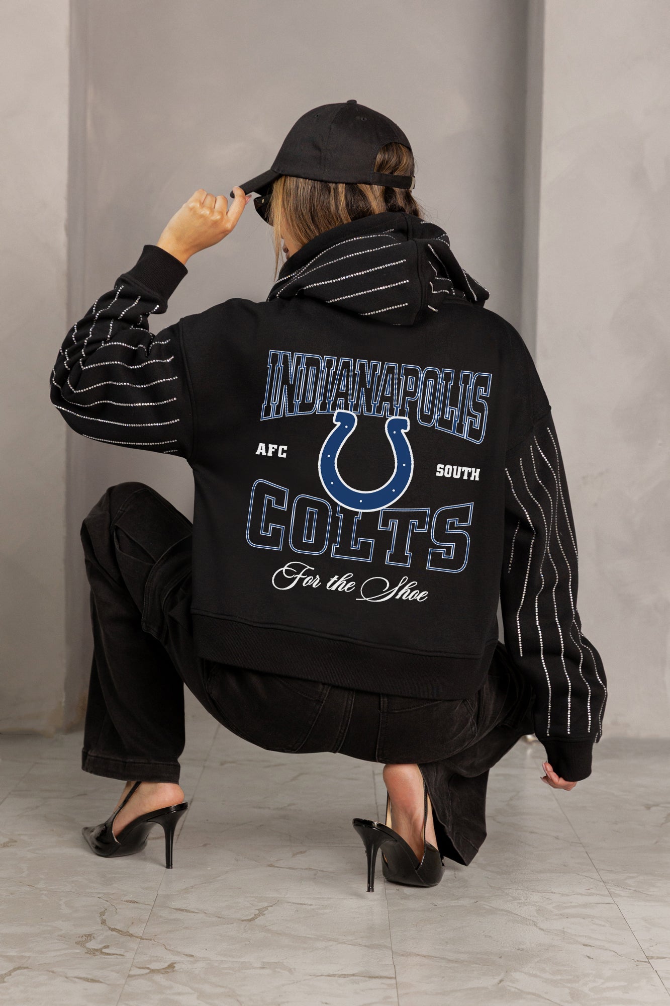 INDIANAPOLIS COLTS EYES ON THE PRIZE RHINESTUD STRIPE ZIP HOODIE