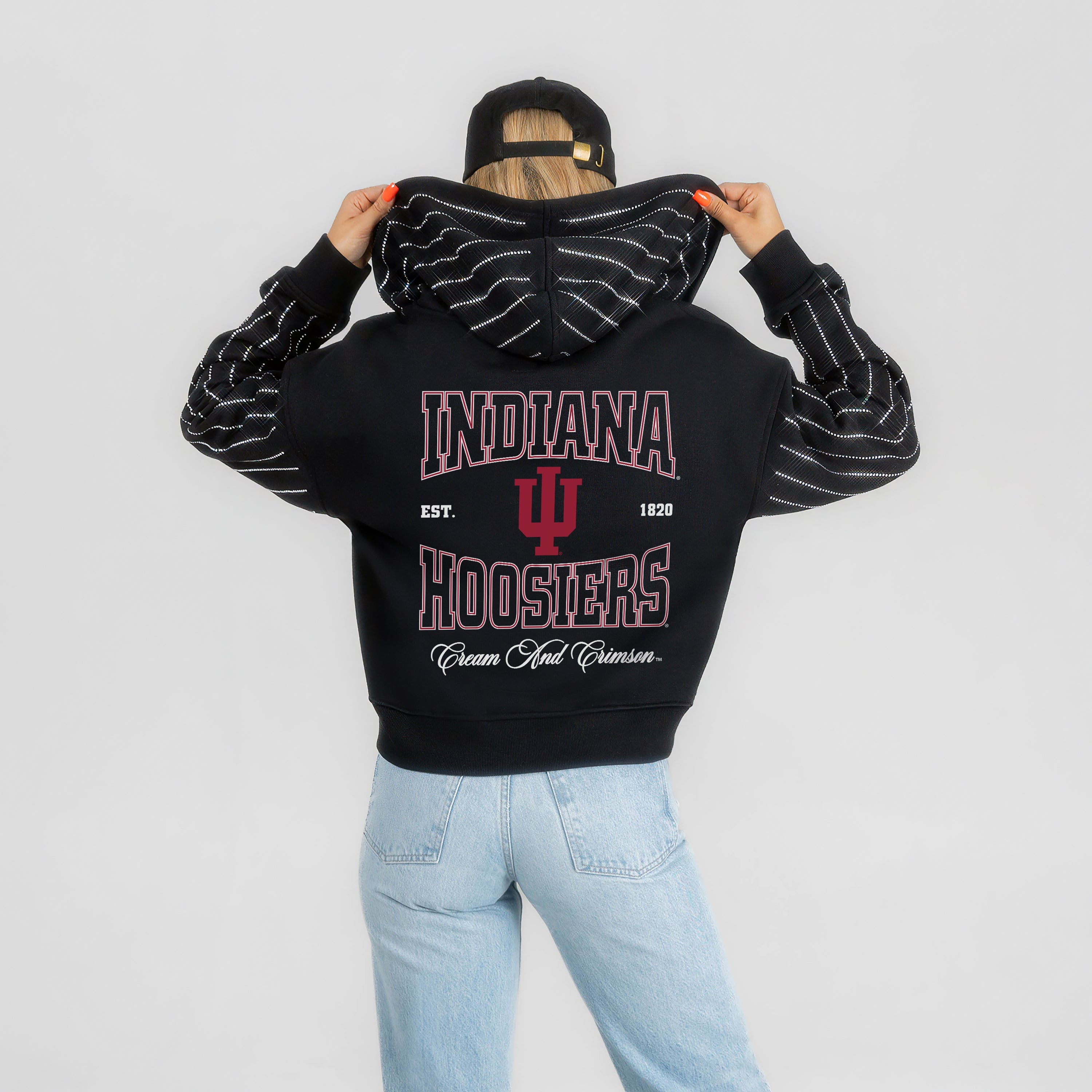 INDIANA HOOSIERS EYES ON THE PRIZE RHINESTUD STRIPE ZIP HOODIE