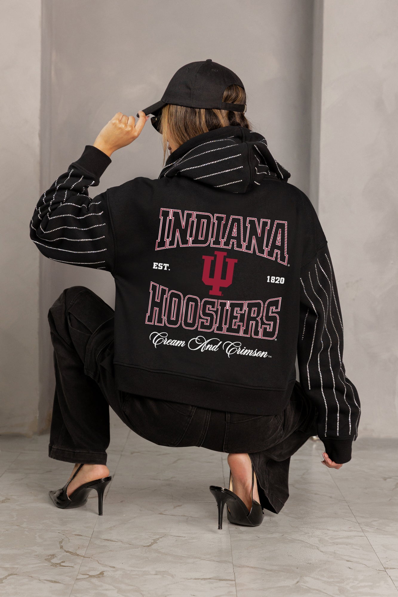 INDIANA HOOSIERS EYES ON THE PRIZE RHINESTUD STRIPE ZIP HOODIE
