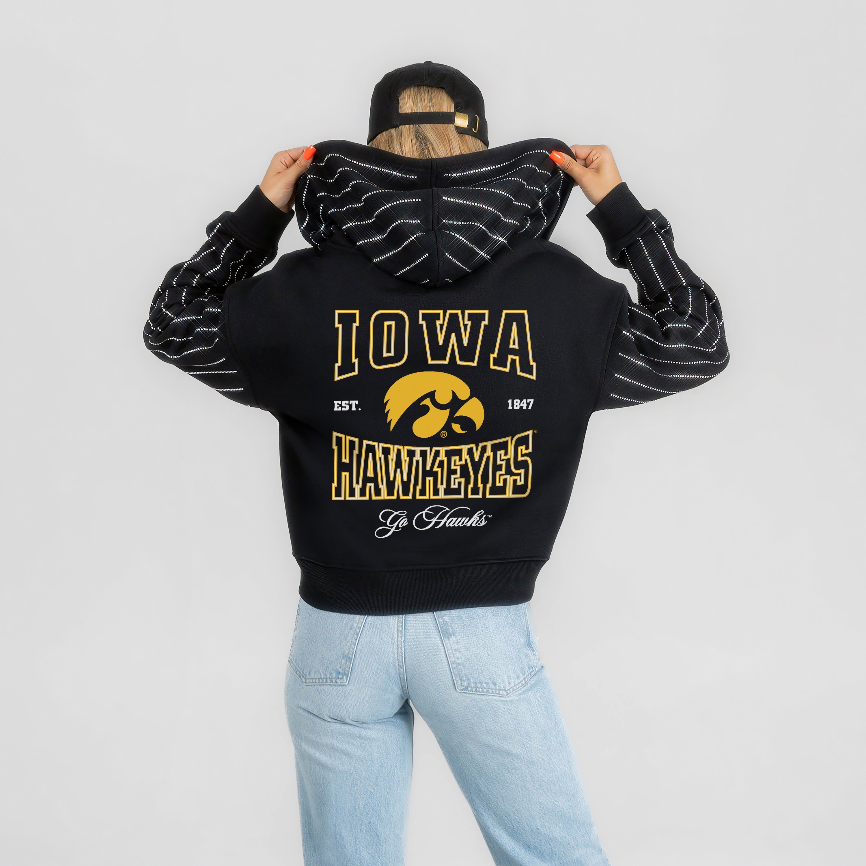 IOWA HAWKEYES EYES ON THE PRIZE RHINESTUD STRIPE ZIP HOODIE