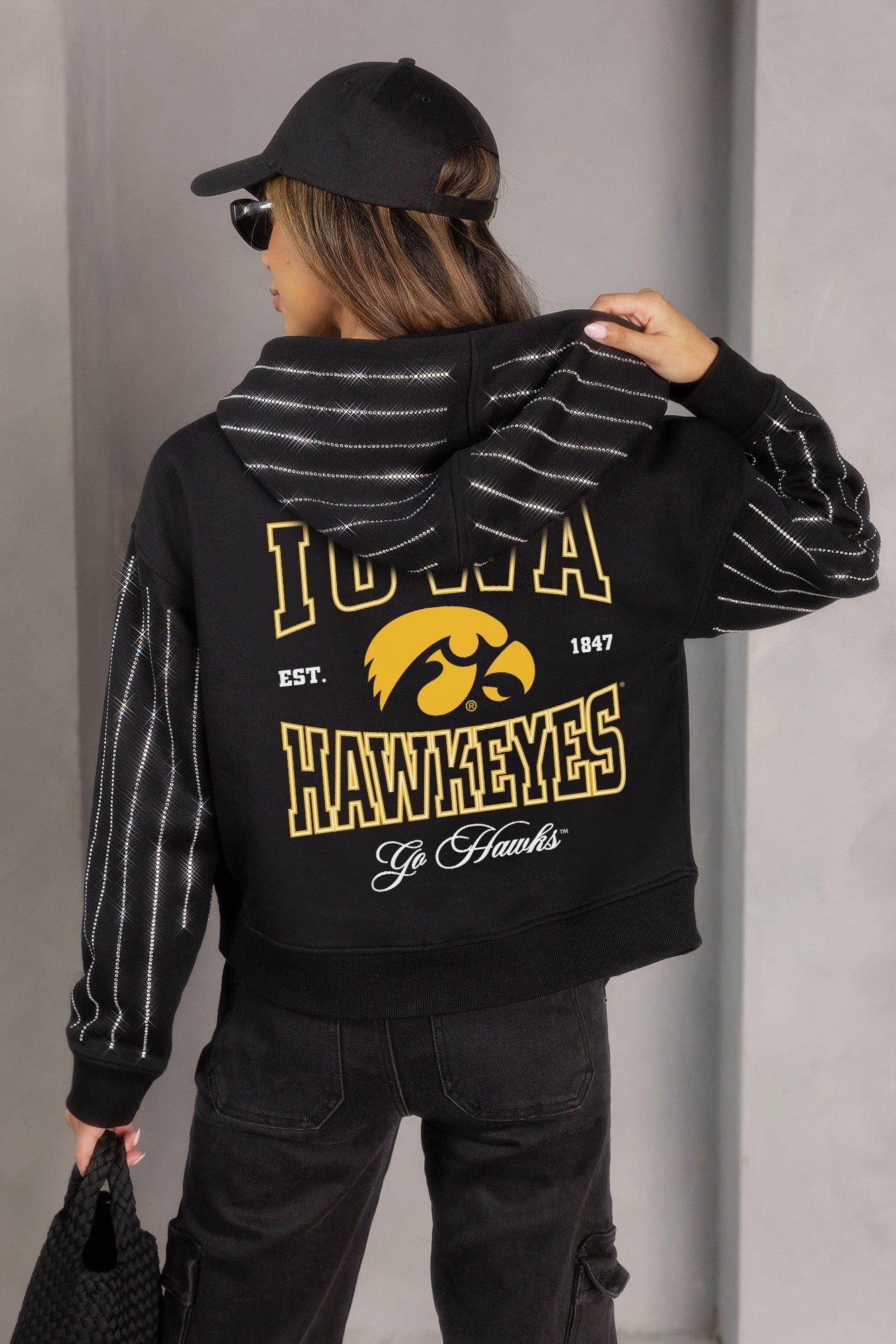 IOWA HAWKEYES EYES ON THE PRIZE RHINESTUD STRIPE ZIP HOODIE