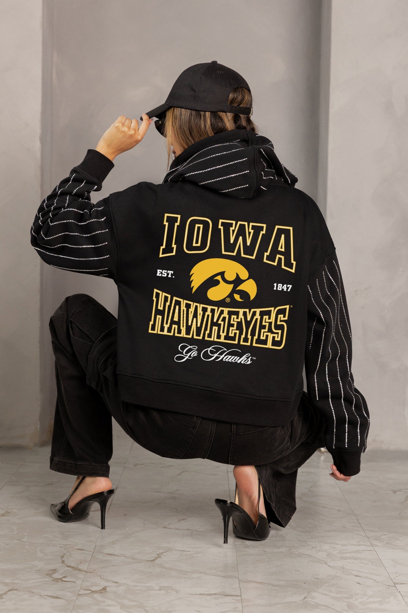 IOWA HAWKEYES EYES ON THE PRIZE RHINESTUD STRIPE ZIP HOODIE