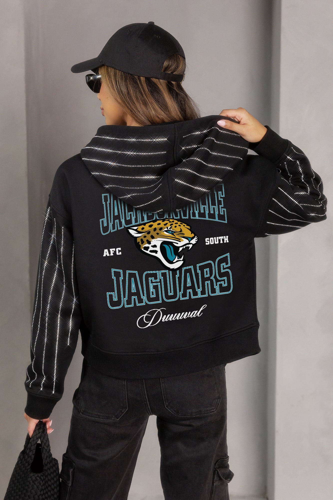 JACKSONVILLE JAGUARS EYES ON THE PRIZE RHINESTUD STRIPE ZIP HOODIE