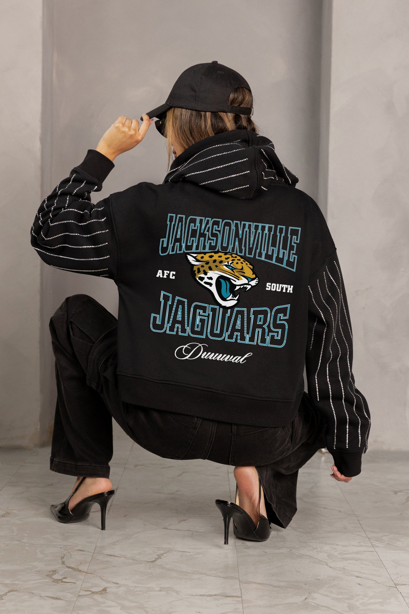 JACKSONVILLE JAGUARS EYES ON THE PRIZE RHINESTUD STRIPE ZIP HOODIE