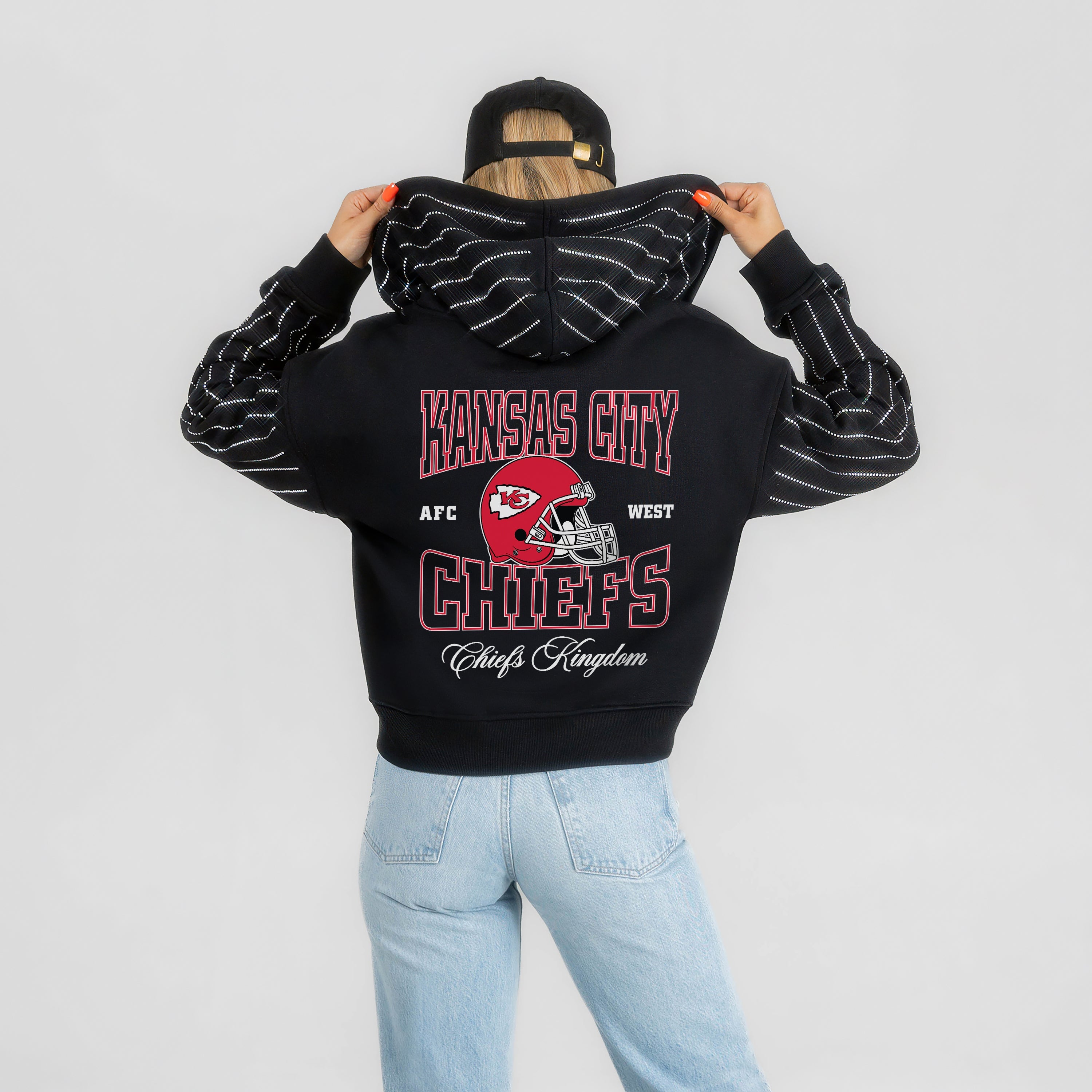 KANSAS CITY CHIEFS EYES ON THE PRIZE RHINESTUD STRIPE ZIP HOODIE