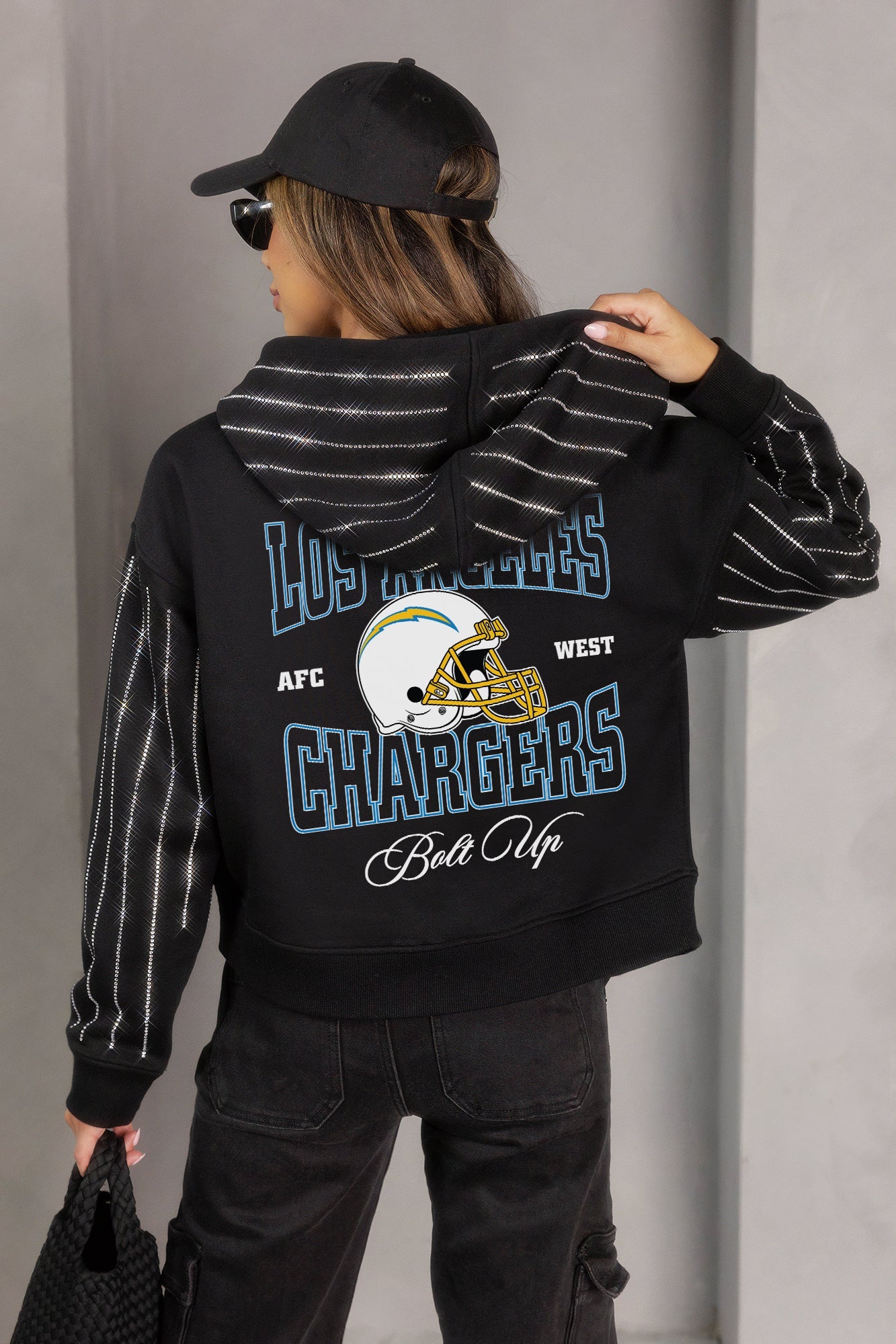 LOS ANGELES CHARGERS EYES ON THE PRIZE RHINESTUD STRIPE ZIP HOODIE