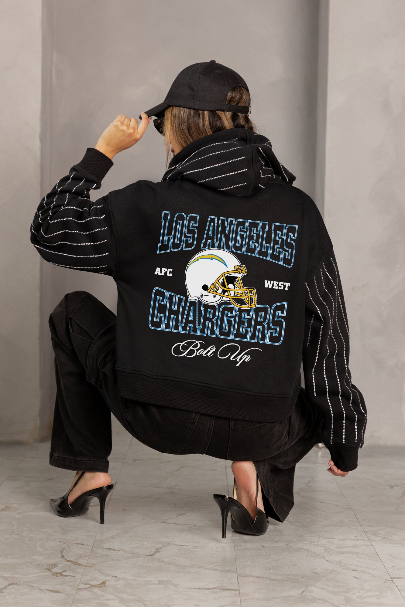LOS ANGELES CHARGERS EYES ON THE PRIZE RHINESTUD STRIPE ZIP HOODIE
