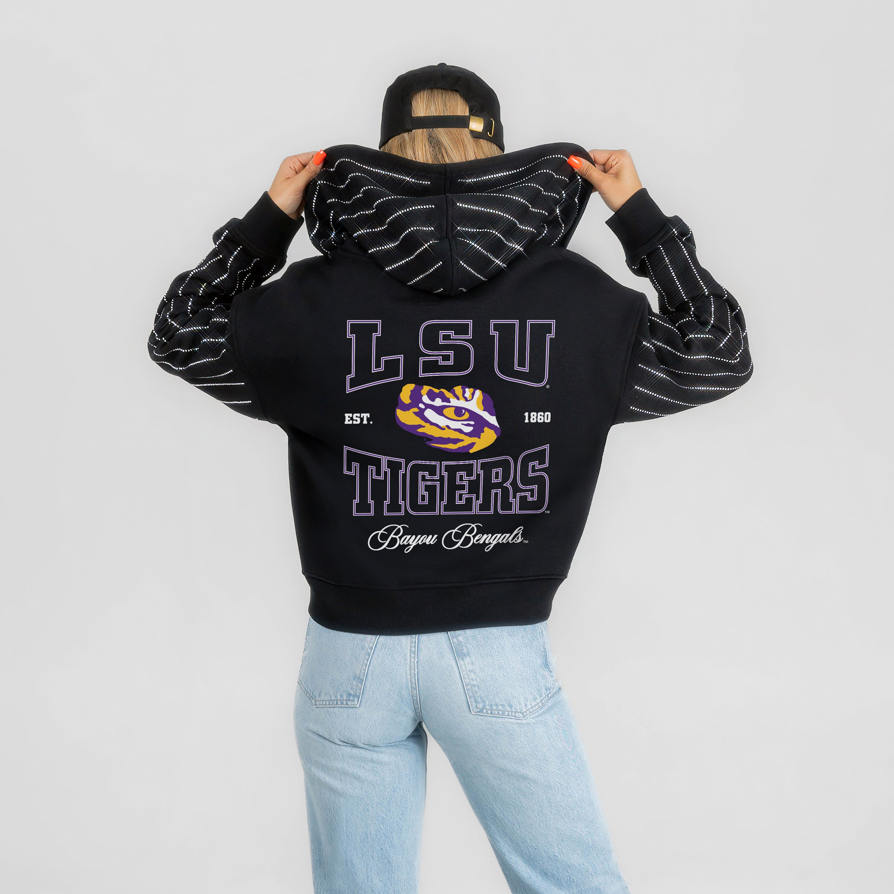 LSU TIGERS EYES ON THE PRIZE RHINESTUD STRIPE ZIP HOODIE