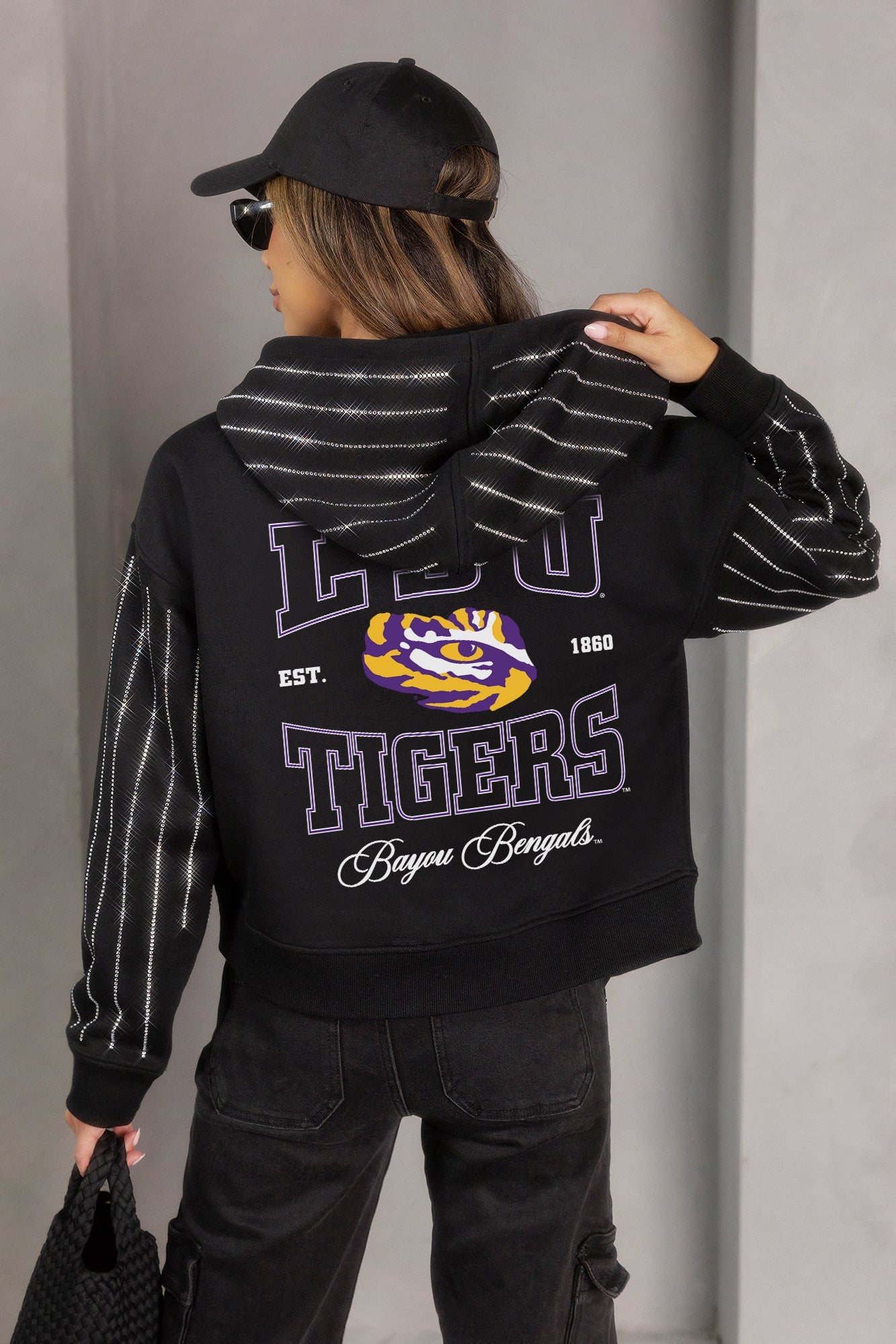 LSU TIGERS EYES ON THE PRIZE RHINESTUD STRIPE ZIP HOODIE