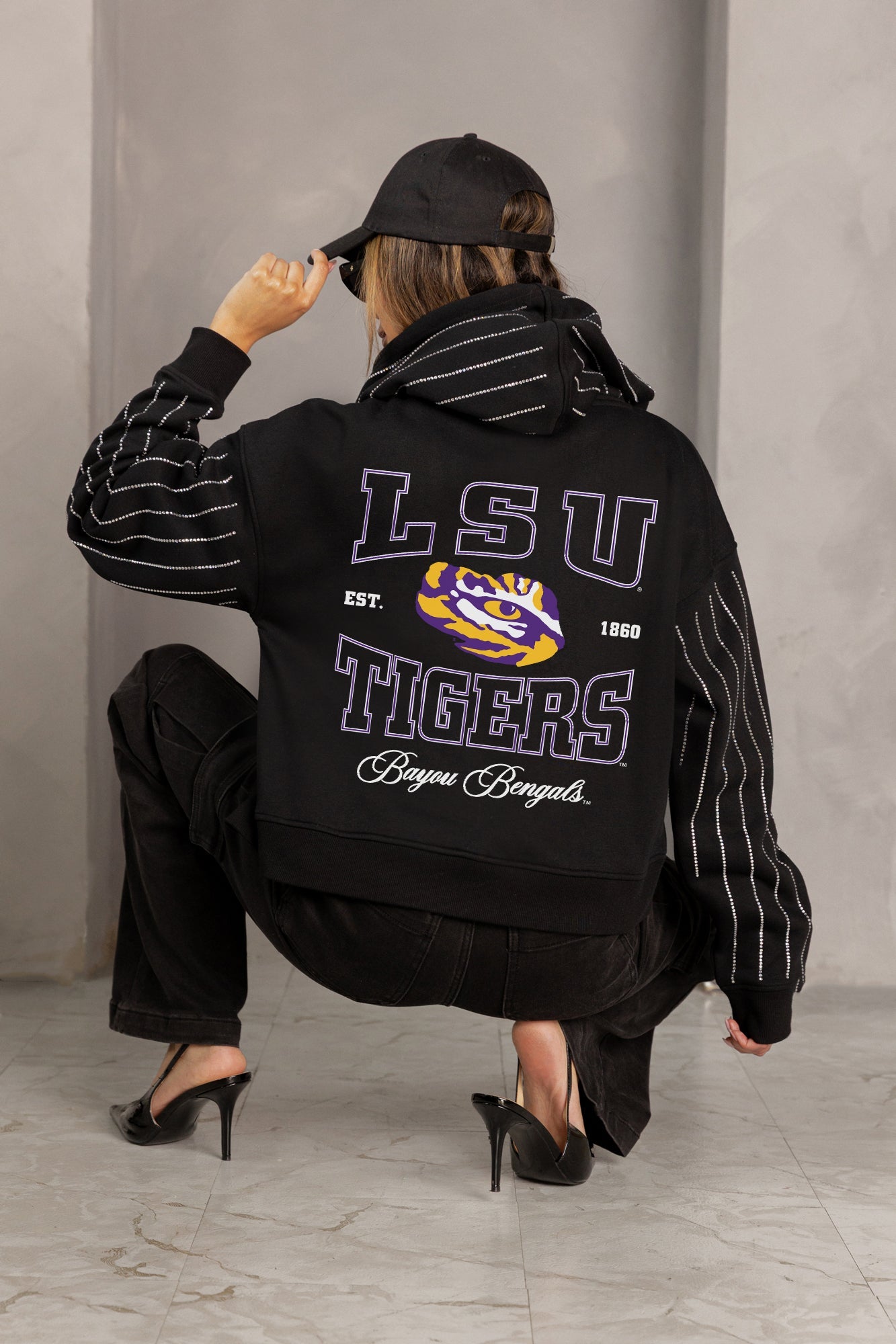 LSU TIGERS EYES ON THE PRIZE RHINESTUD STRIPE ZIP HOODIE