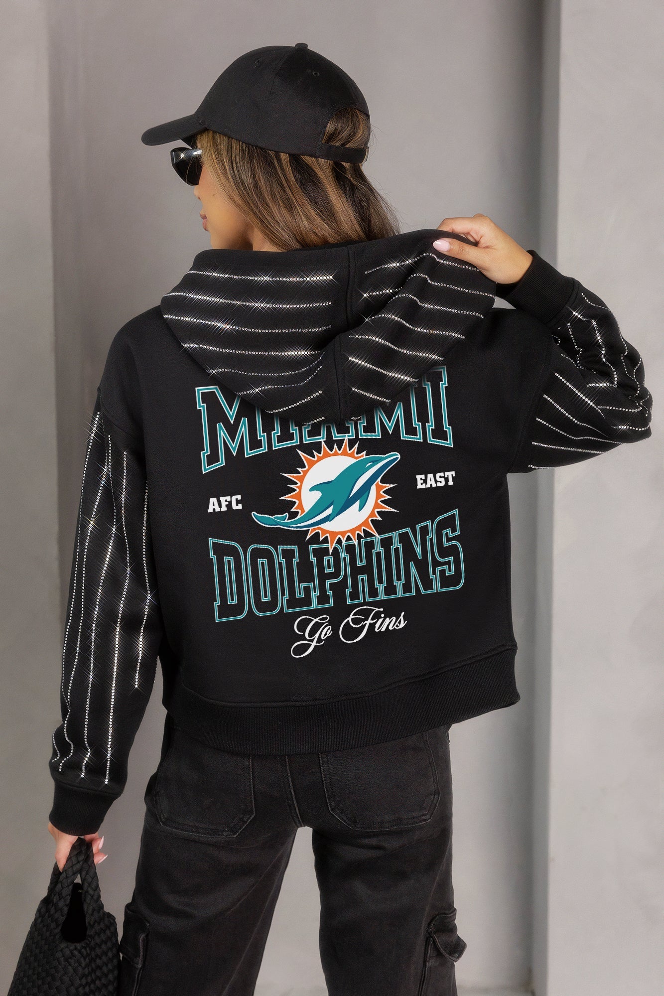 MIAMI DOLPHINS EYES ON THE PRIZE RHINESTUD STRIPE ZIP HOODIE