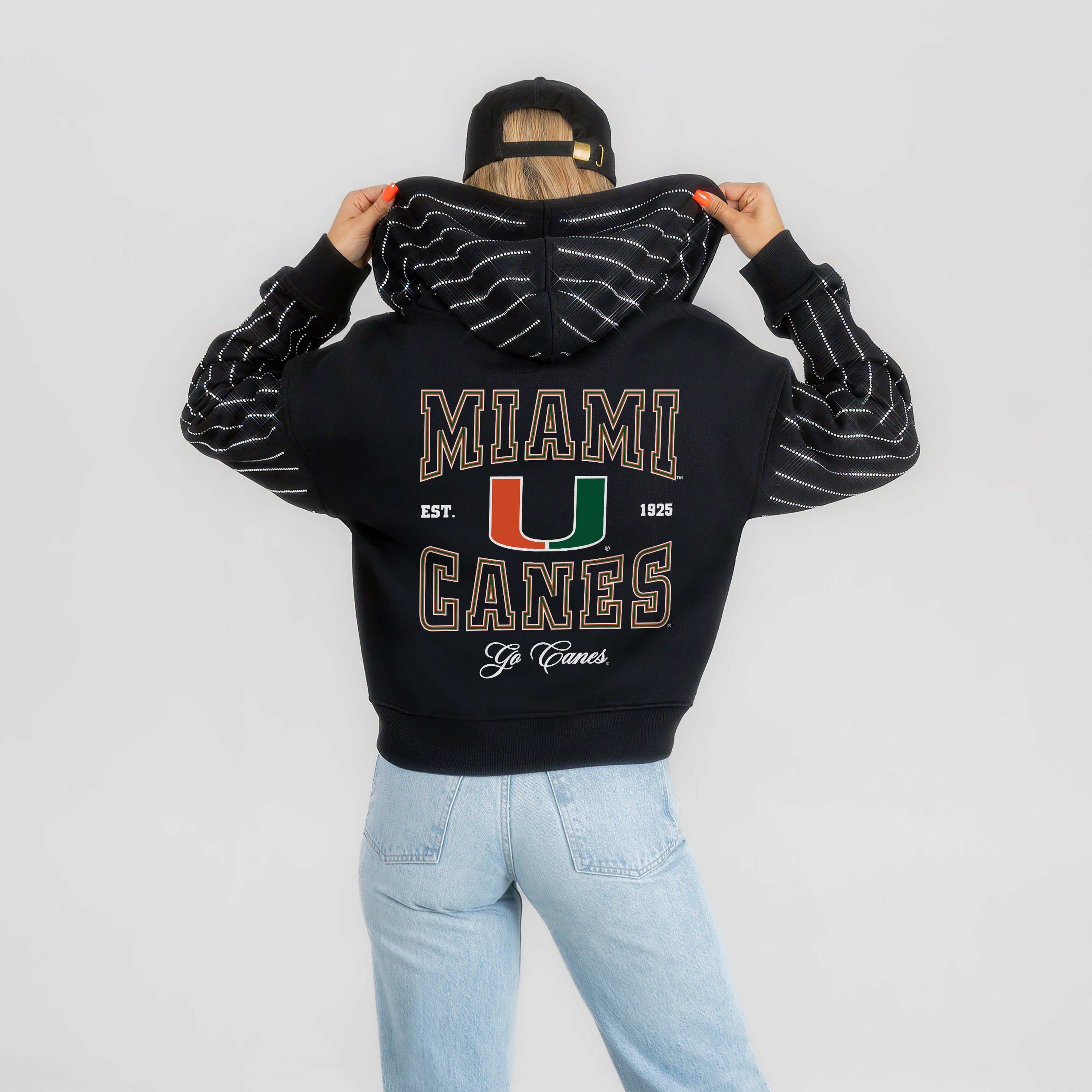 MIAMI HURRICANES EYES ON THE PRIZE RHINESTUD STRIPE ZIP HOODIE