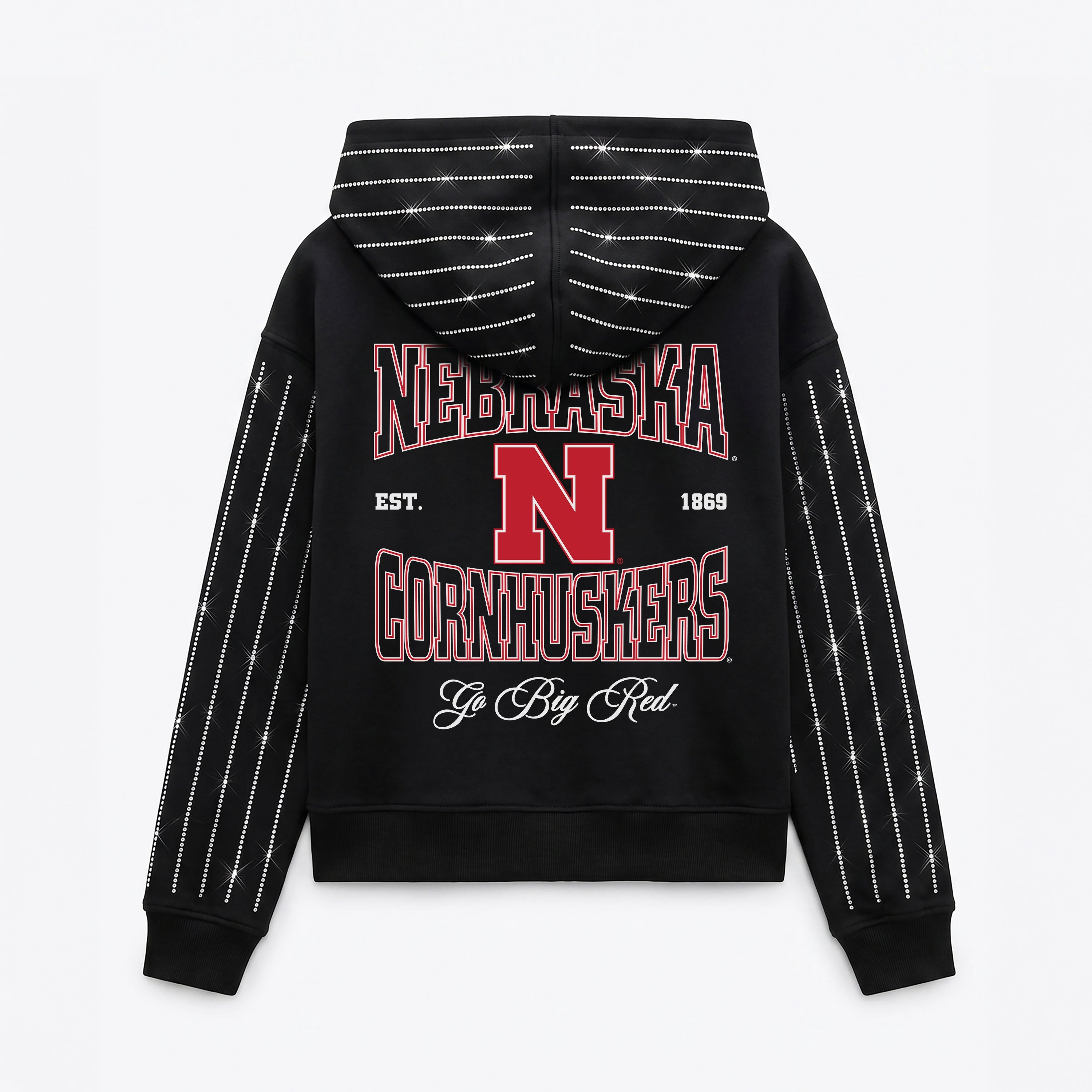 NEBRASKA CORNHUSKERS EYES ON THE PRIZE RHINESTUD STRIPE ZIP HOODIE