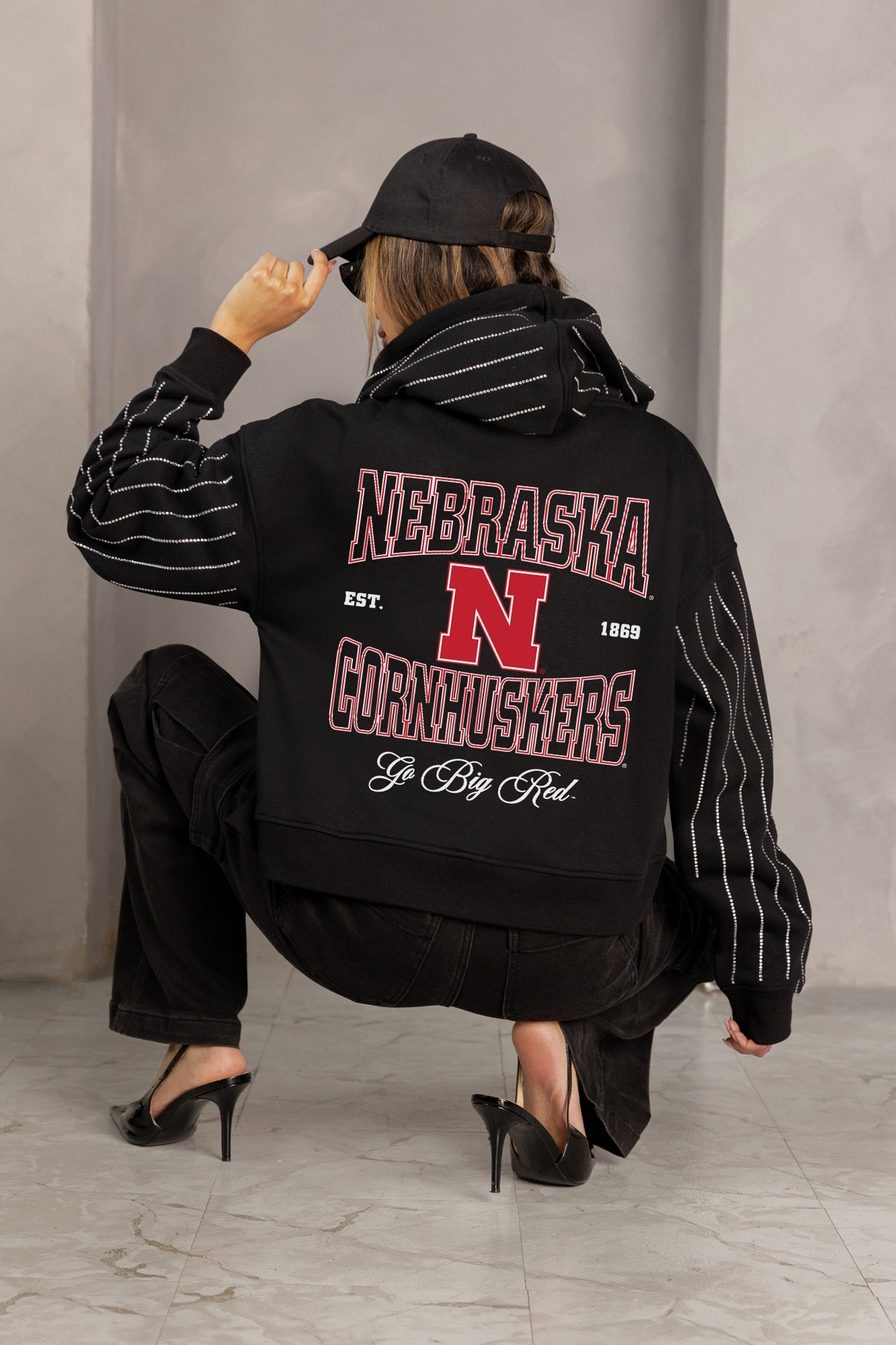 NEBRASKA CORNHUSKERS EYES ON THE PRIZE RHINESTUD STRIPE ZIP HOODIE