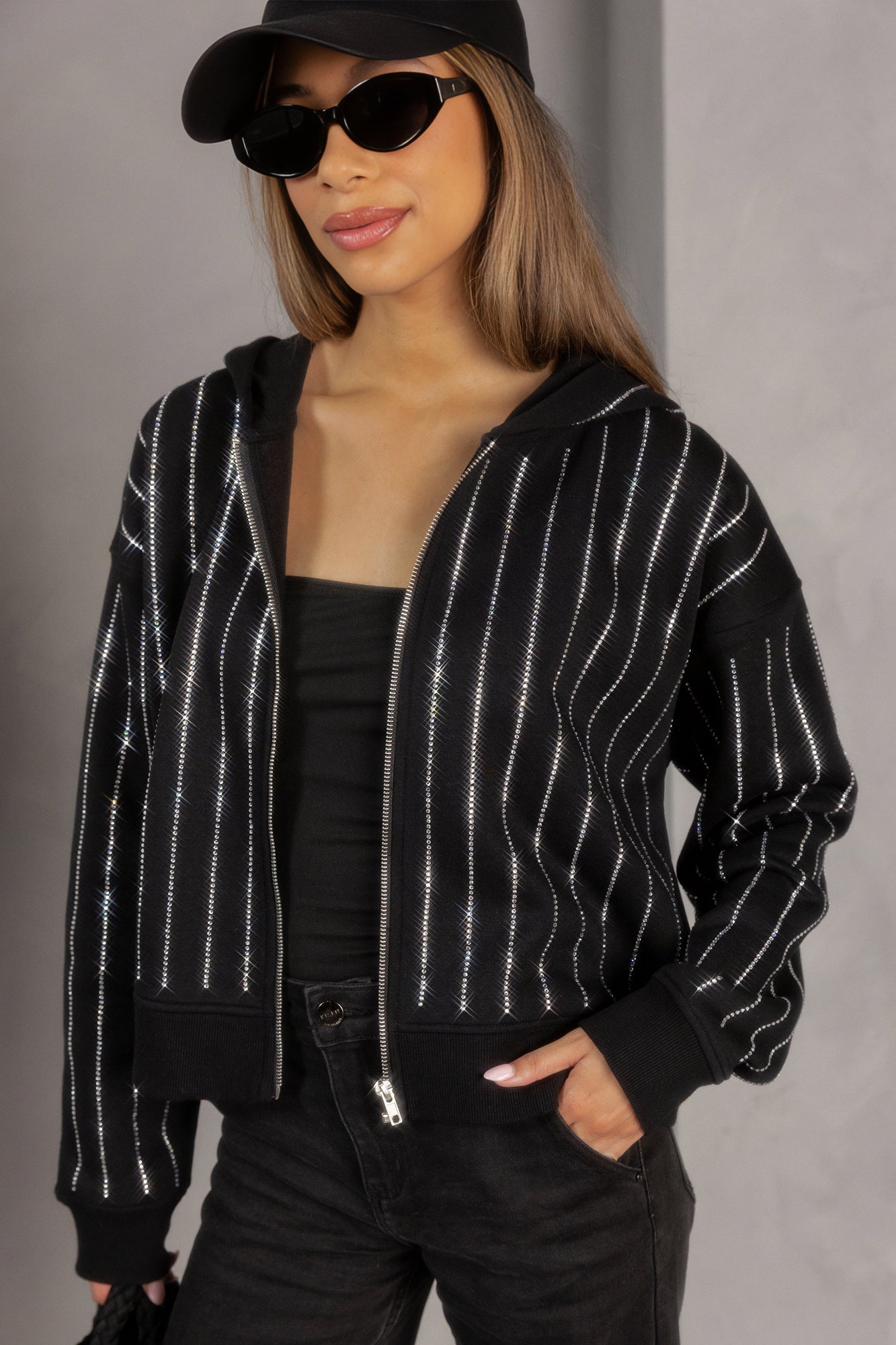 NEBRASKA CORNHUSKERS EYES ON THE PRIZE RHINESTUD STRIPE ZIP HOODIE