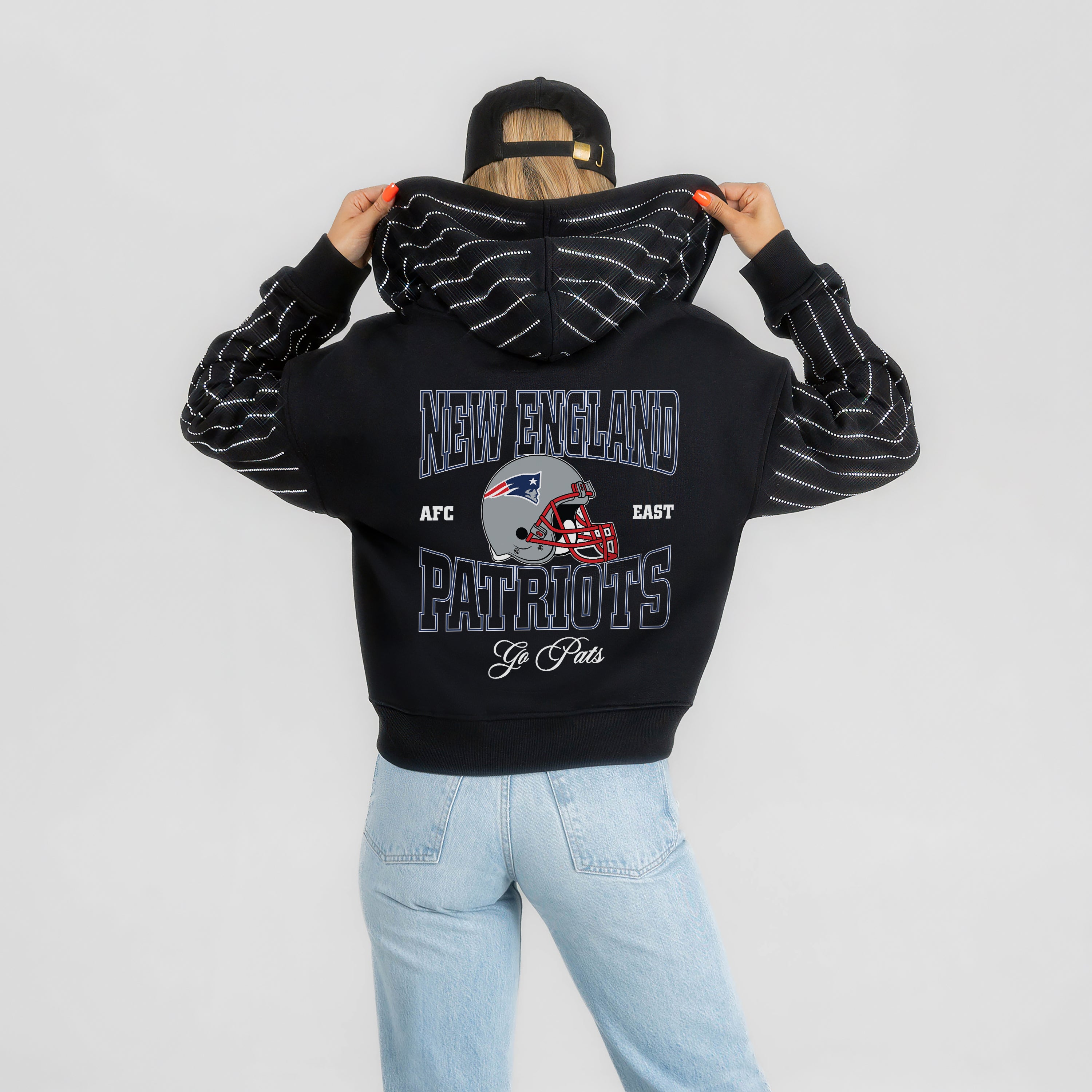 NEW ENGLAND PATRIOTS EYES ON THE PRIZE RHINESTUD STRIPE ZIP HOODIE