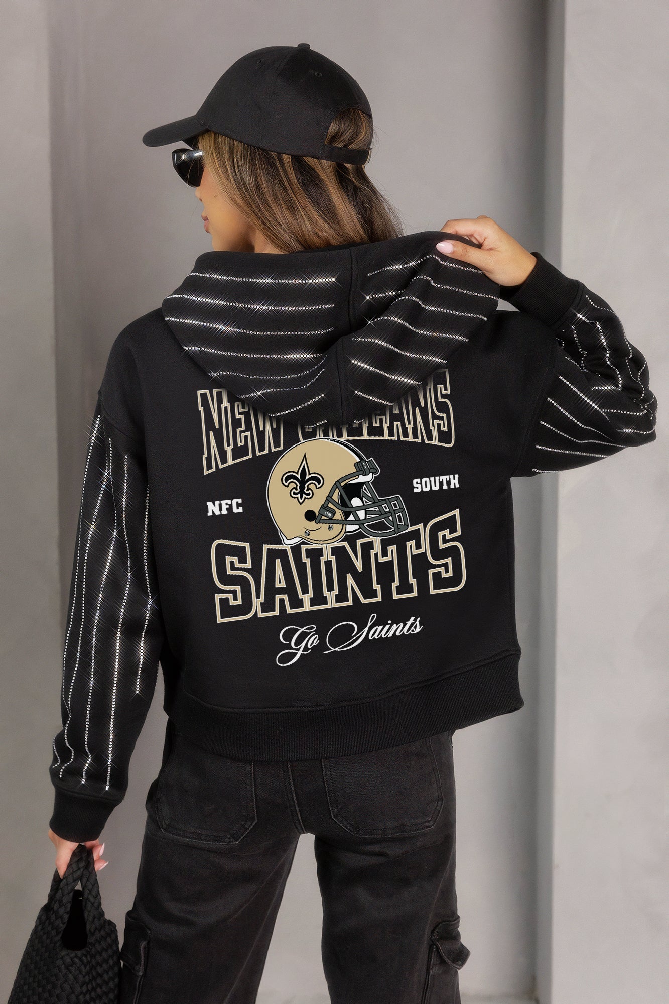 NEW ORLEANS SAINTS EYES ON THE PRIZE RHINESTUD STRIPE ZIP HOODIE