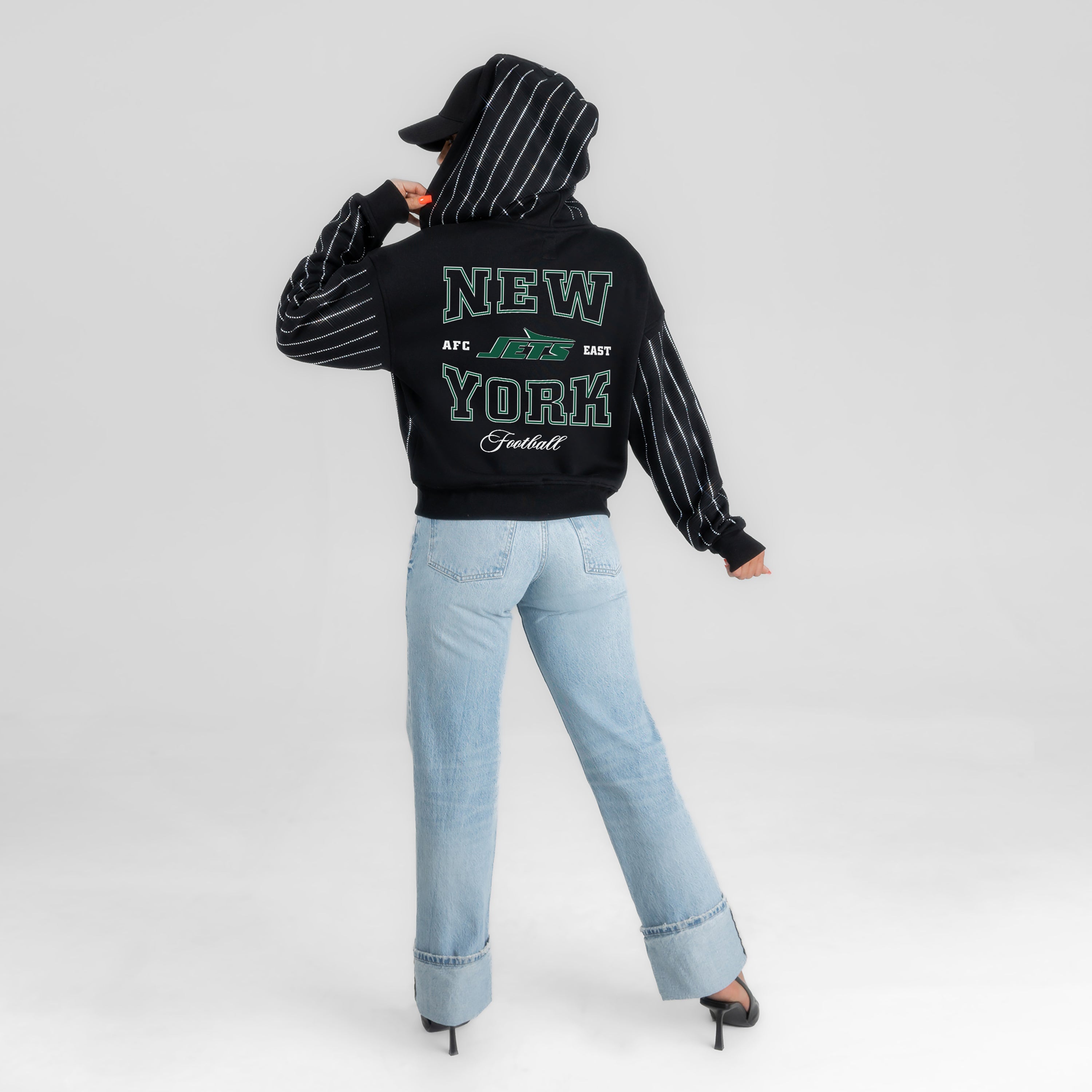 NEW YORK JETS EYES ON THE PRIZE RHINESTUD STRIPE ZIP HOODIE