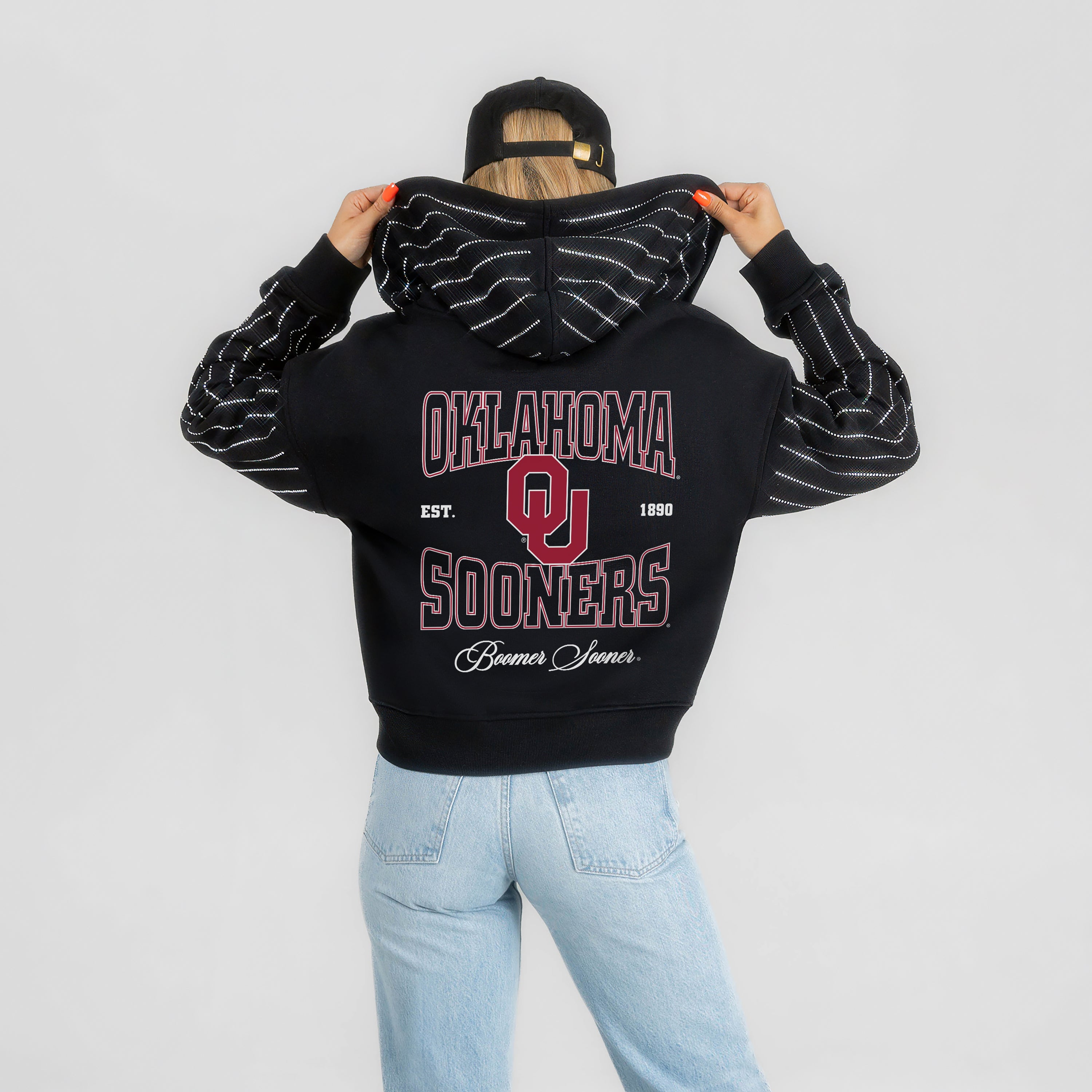 OKLAHOMA SOONERS EYES ON THE PRIZE RHINESTUD STRIPE ZIP HOODIE