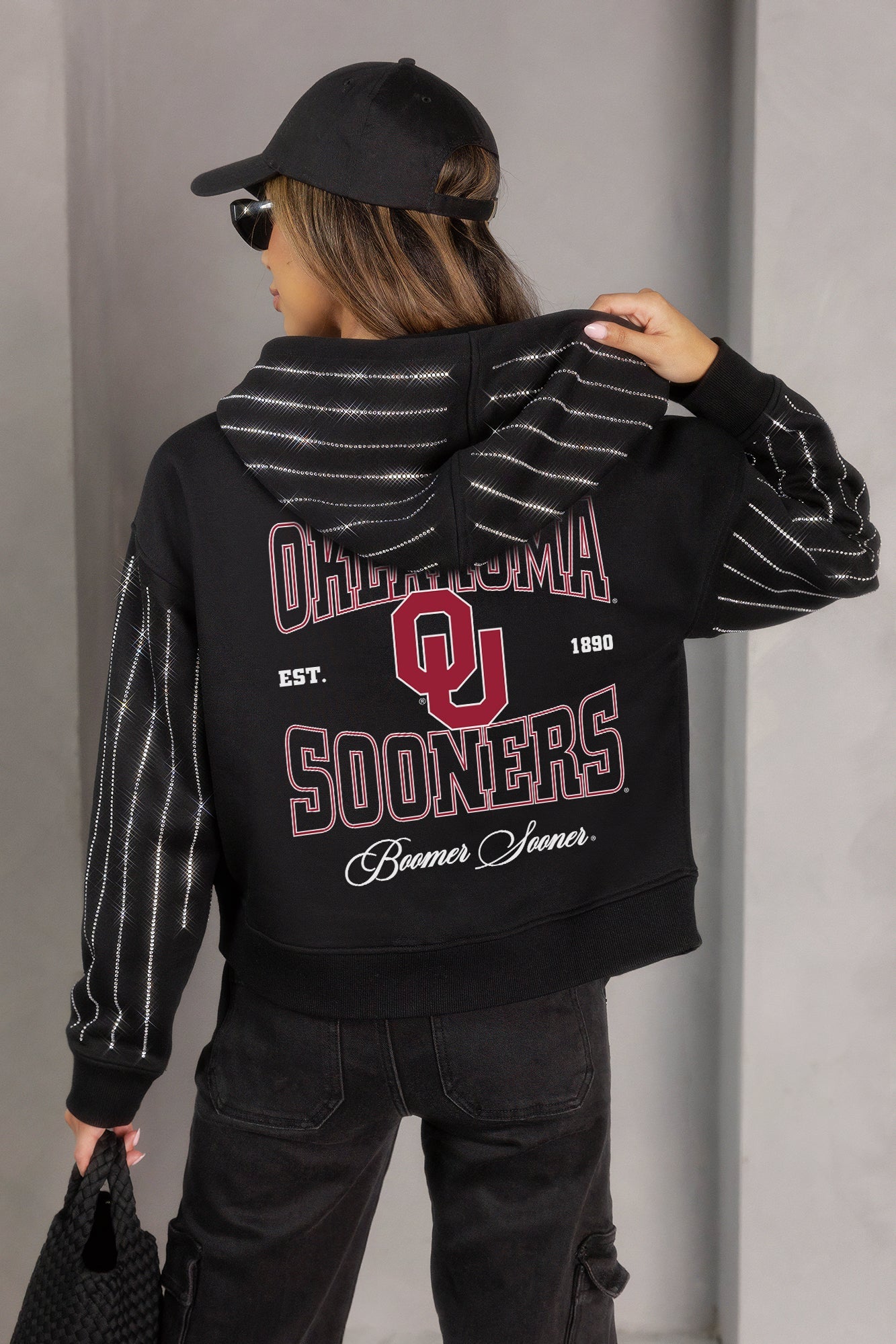 OKLAHOMA SOONERS EYES ON THE PRIZE RHINESTUD STRIPE ZIP HOODIE