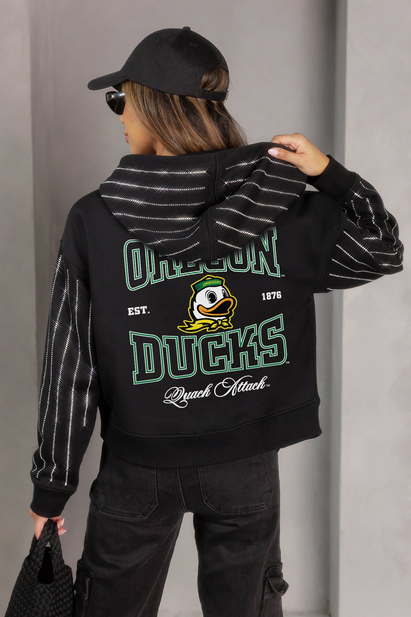 OREGON DUCKS EYES ON THE PRIZE RHINESTUD STRIPE ZIP HOODIE
