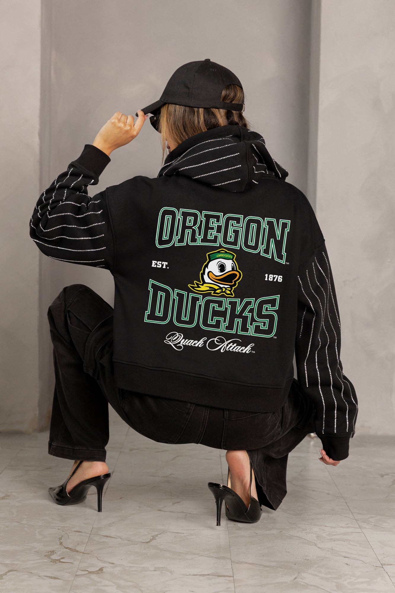 OREGON DUCKS EYES ON THE PRIZE RHINESTUD STRIPE ZIP HOODIE