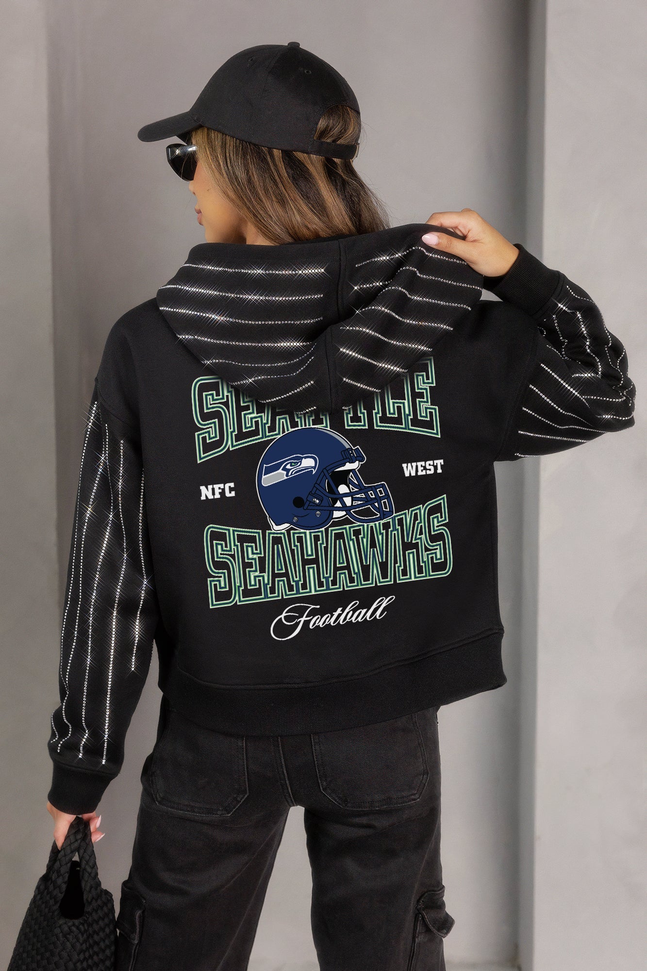 SEATTLE SEAHAWKS EYES ON THE PRIZE RHINESTUD STRIPE ZIP HOODIE