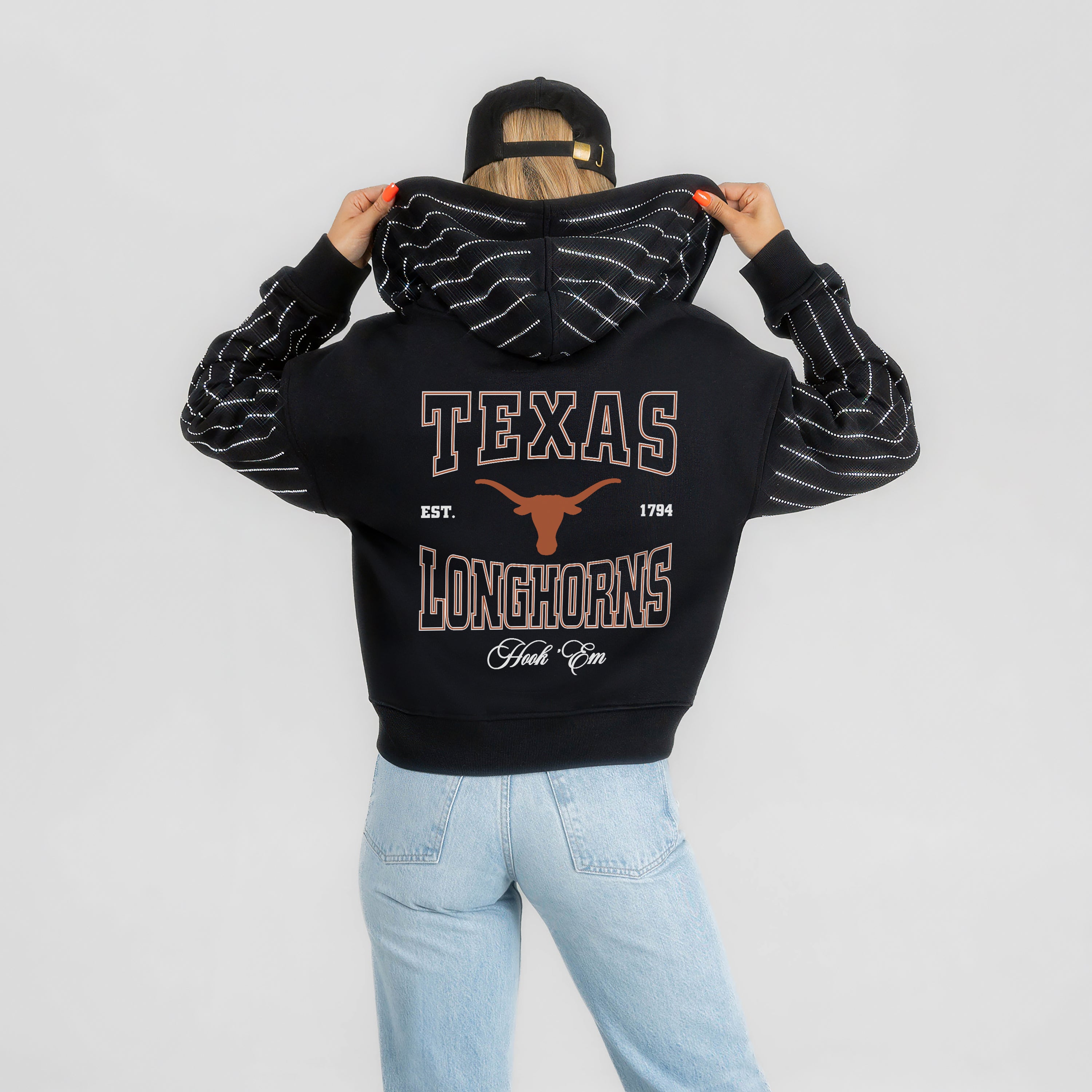 TEXAS LONGHORNS EYES ON THE PRIZE RHINESTUD STRIPE ZIP HOODIE