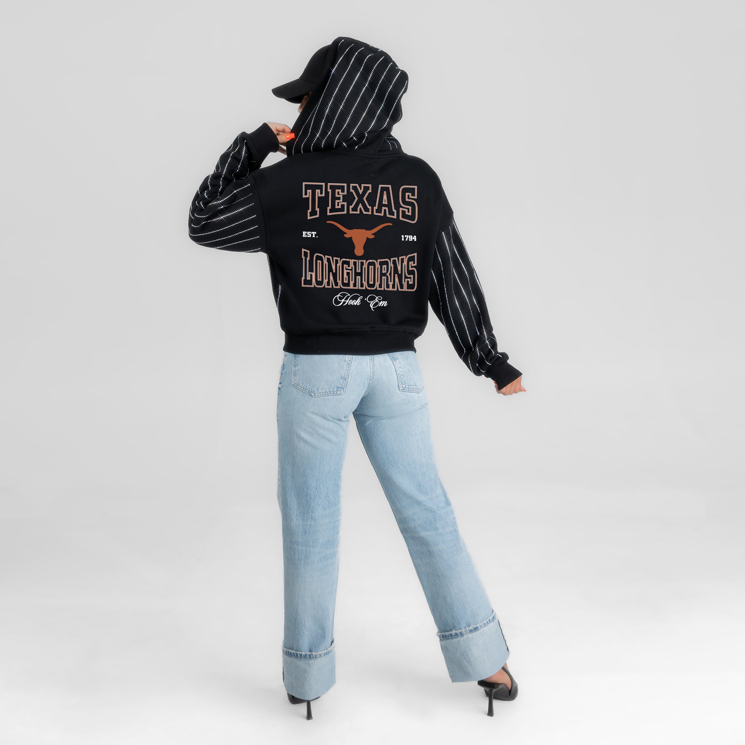 TEXAS LONGHORNS EYES ON THE PRIZE RHINESTUD STRIPE ZIP HOODIE