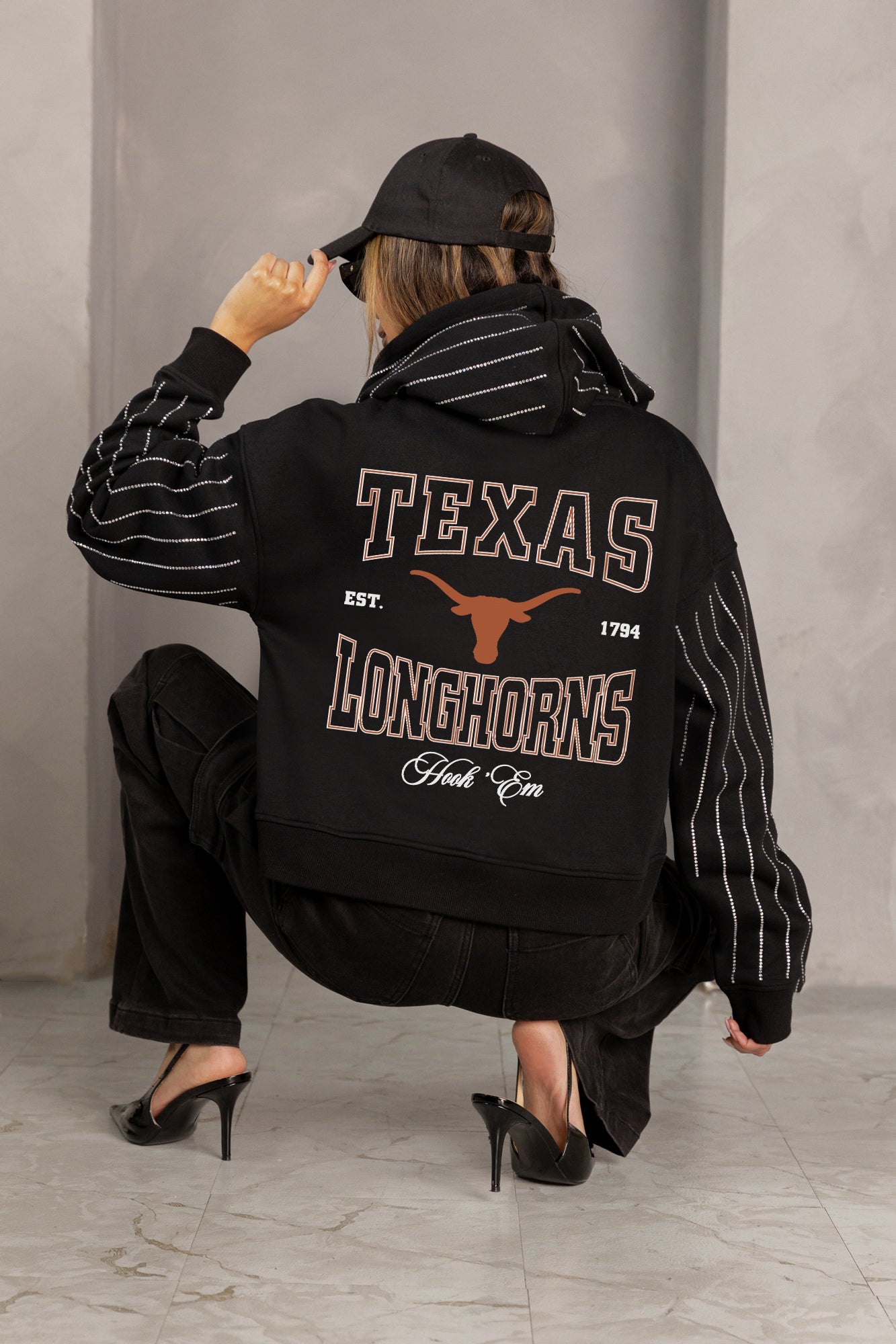 TEXAS LONGHORNS EYES ON THE PRIZE RHINESTUD STRIPE ZIP HOODIE