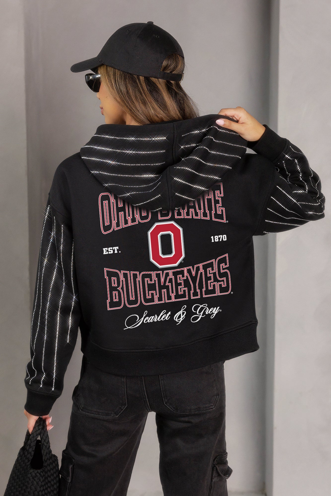 OHIO STATE BUCKEYES EYES ON THE PRIZE RHINESTUD STRIPE ZIP HOODIE