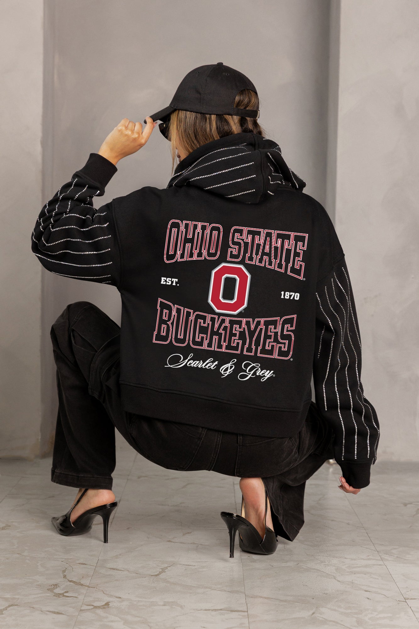 OHIO STATE BUCKEYES EYES ON THE PRIZE RHINESTUD STRIPE ZIP HOODIE